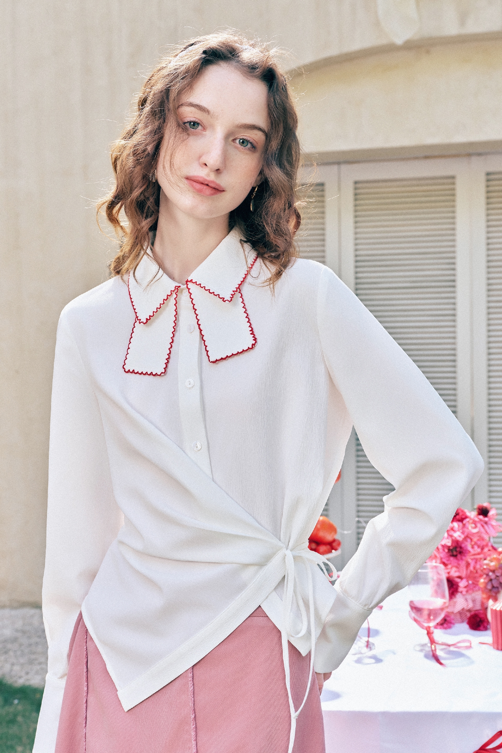 Bow-Trim Tie-Detail White Shirt