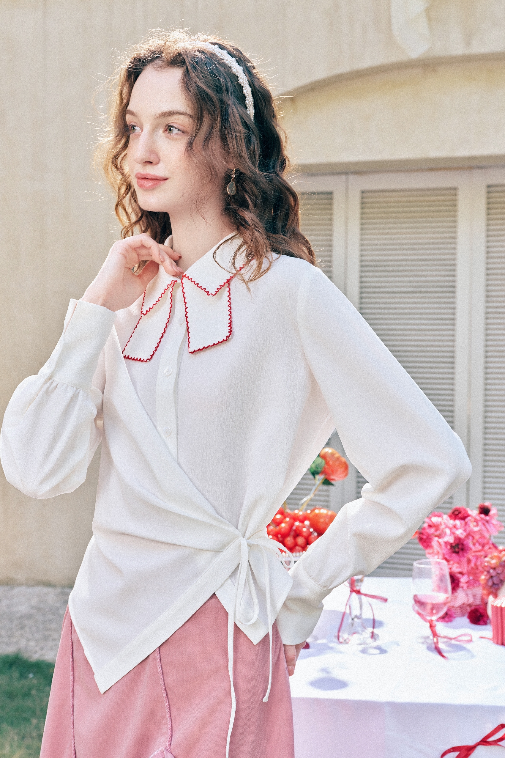 Bow-Trim Tie-Detail White Shirt