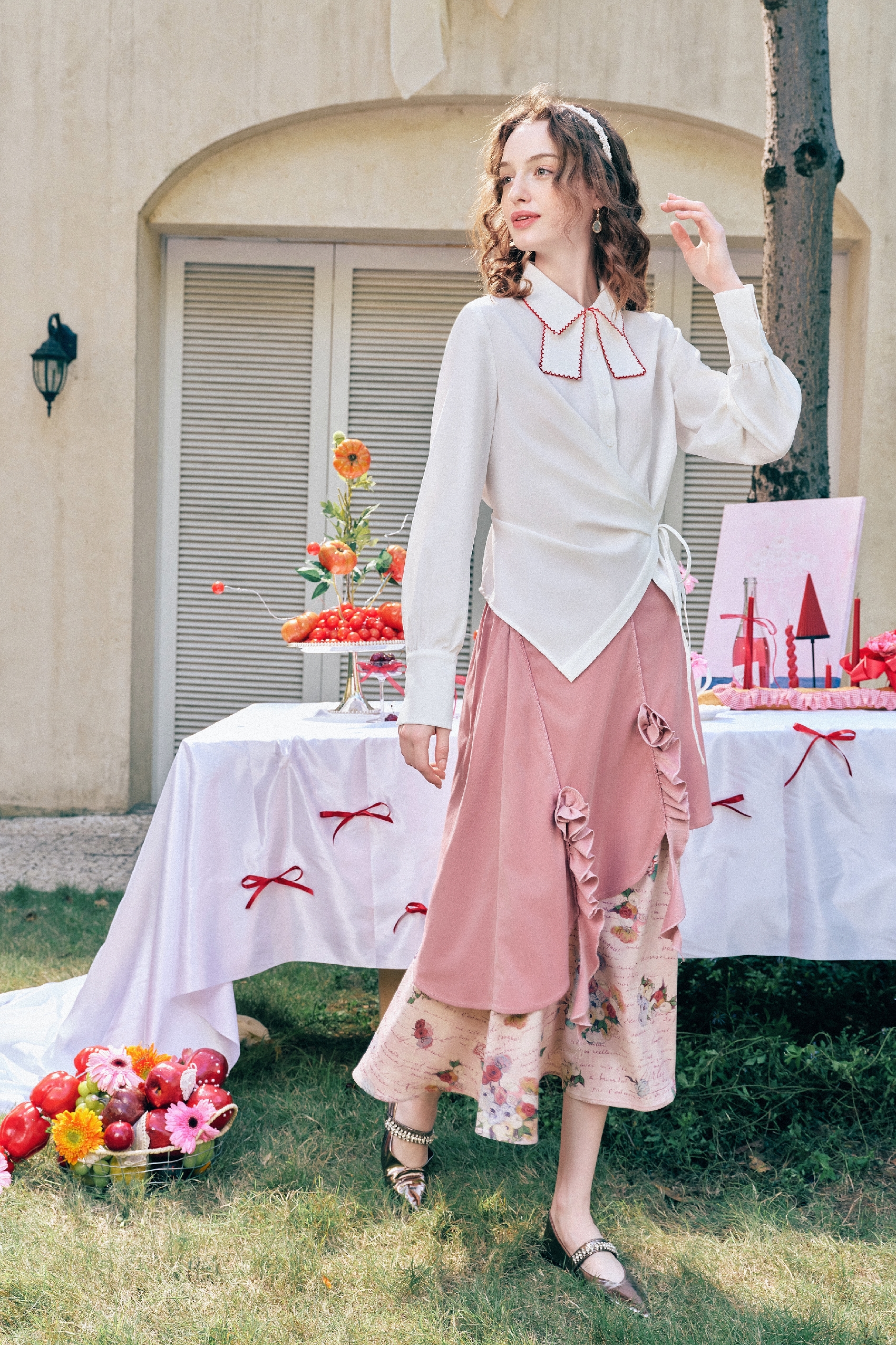 Bow-Trim Tie-Detail White Shirt