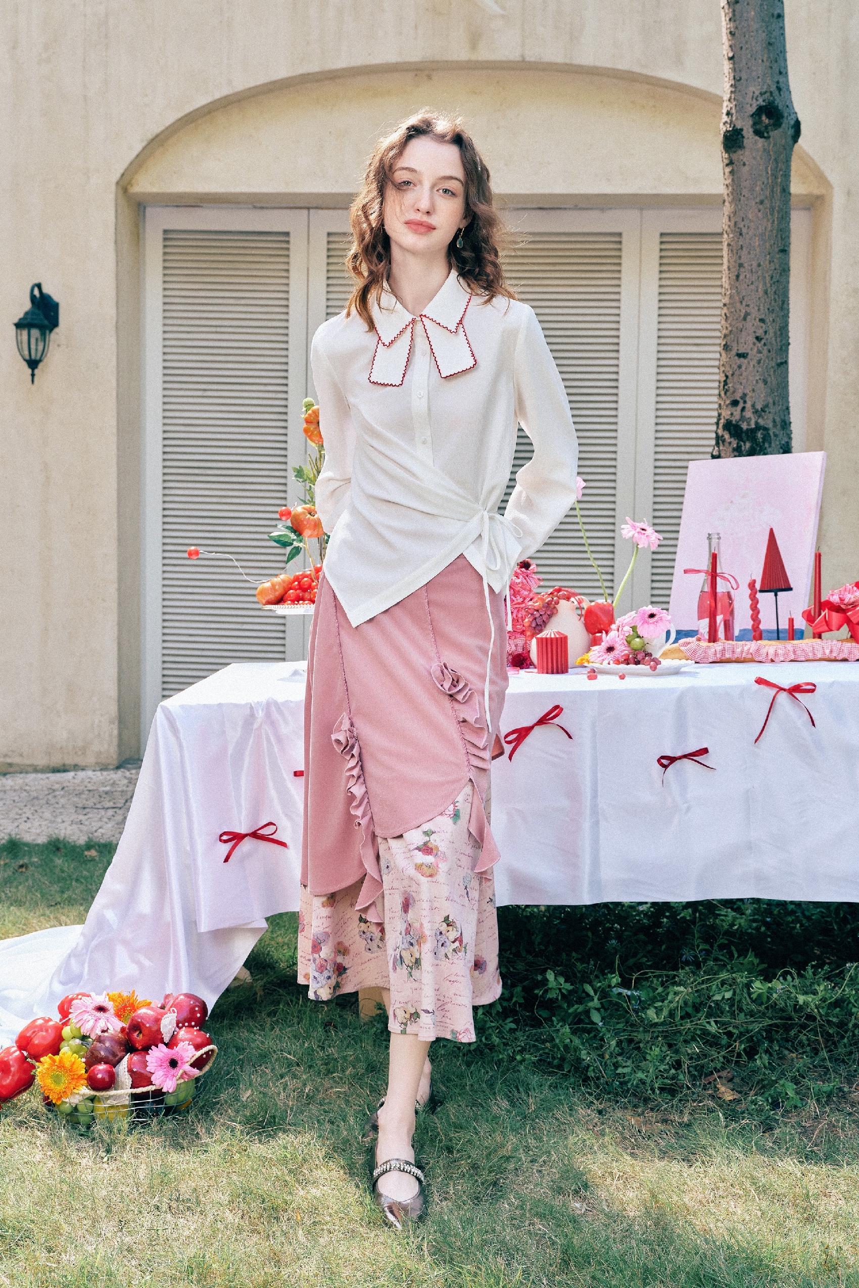 Bow-Trim Tie-Detail White Shirt
