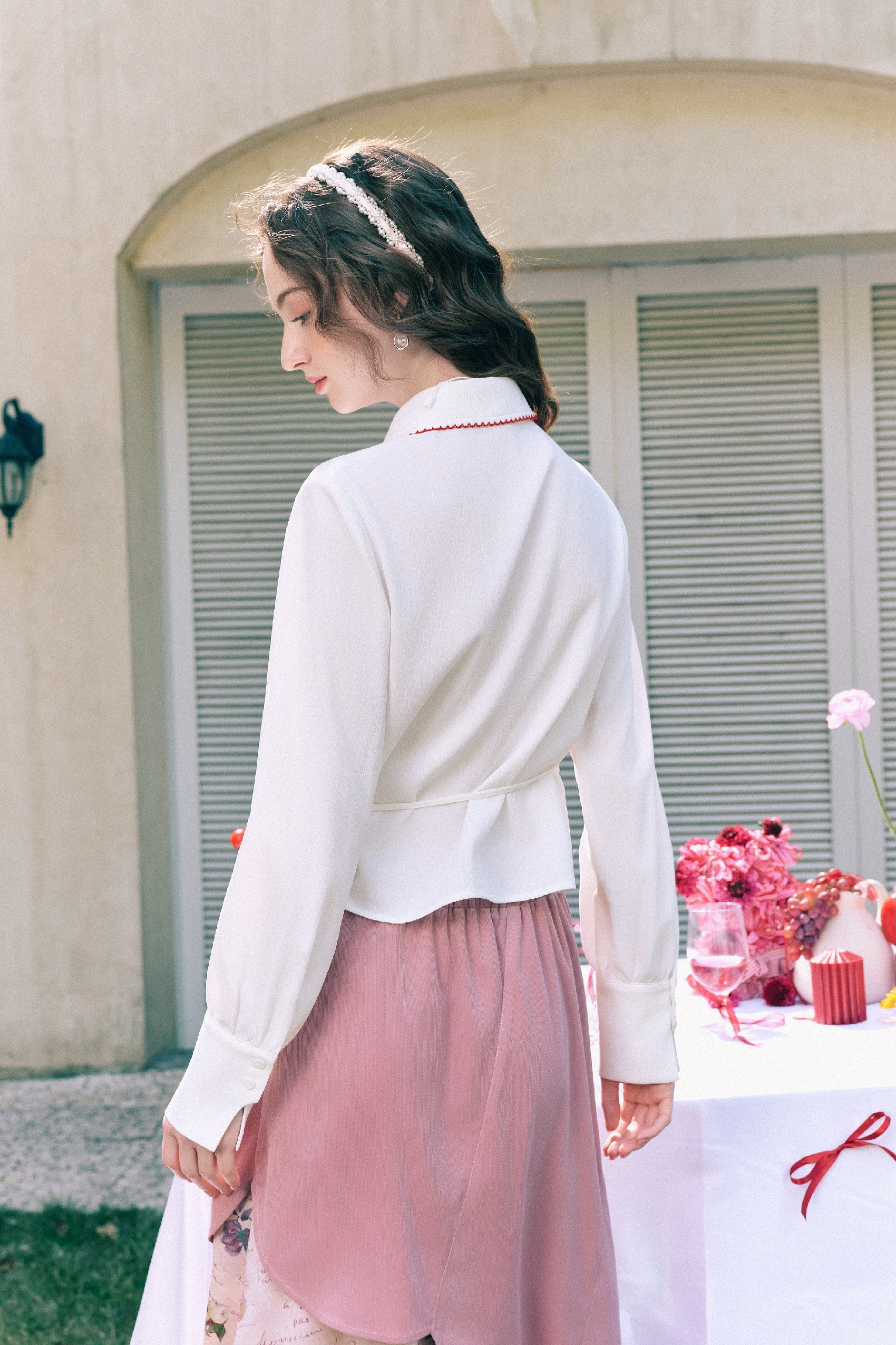 Bow-Trim Tie-Detail White Shirt