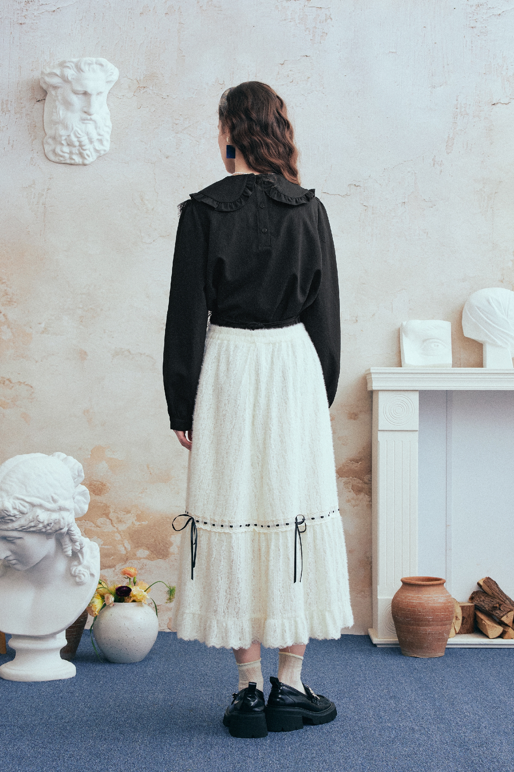 High-Waist Velvet Lace Tiered Maxi Skirt-LYONSENS