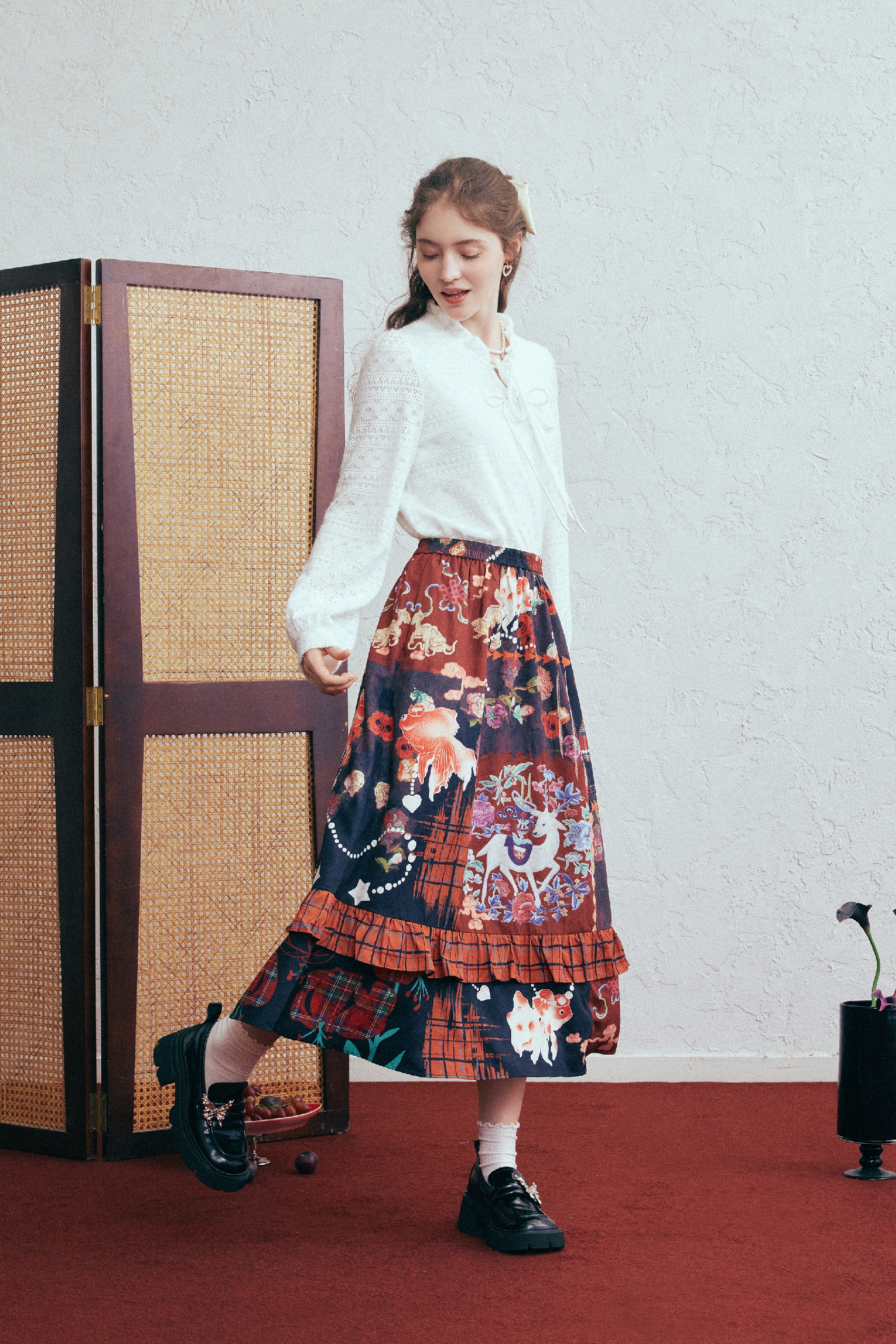 Printed Ruffle-Hem A-Line Maxi Skirt-LYONSENS