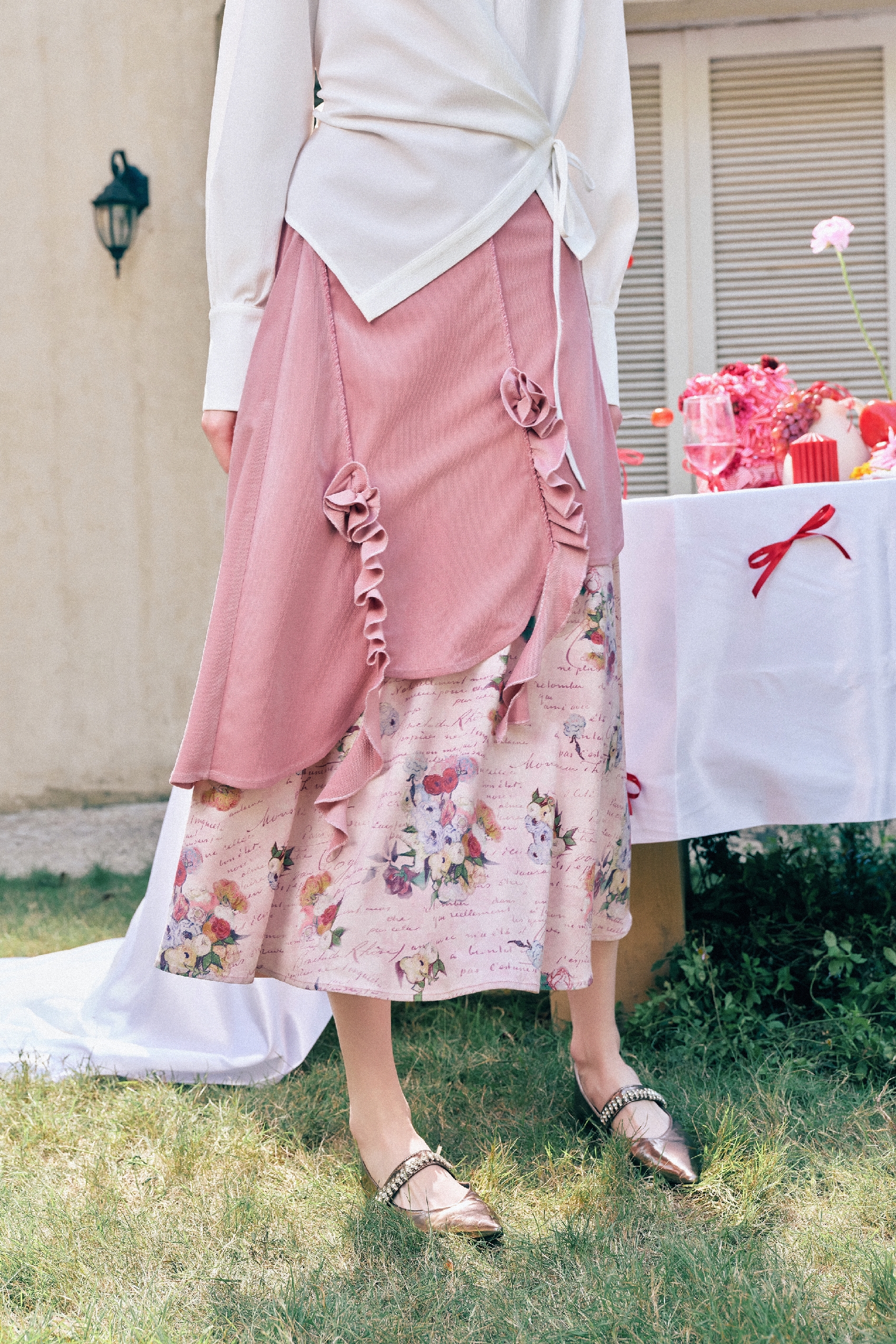 Pleated Ruffle Patchwork A-Line Skirt