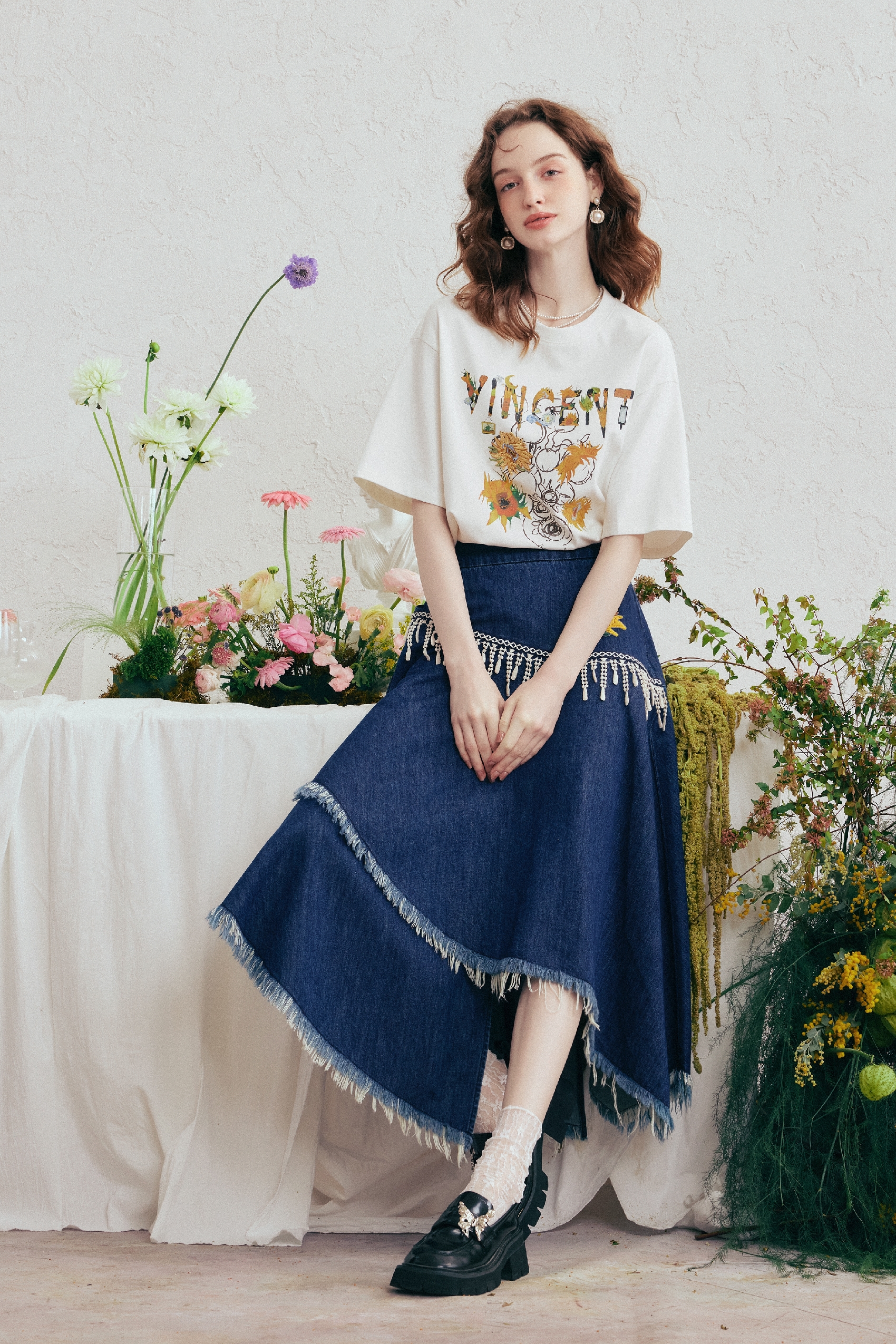 Blue Embroidered Midi Skirt