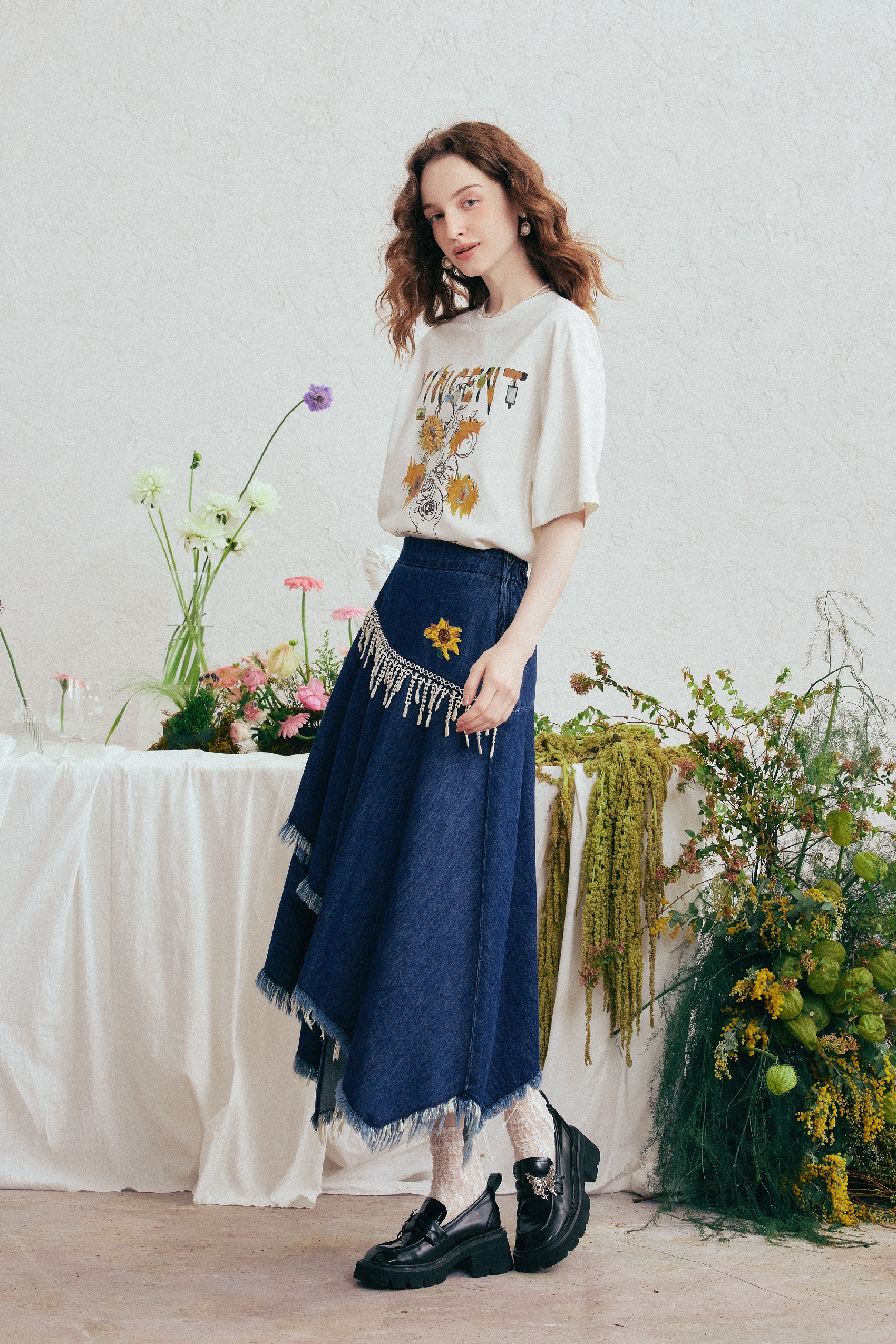 Blue Embroidered Midi Skirt