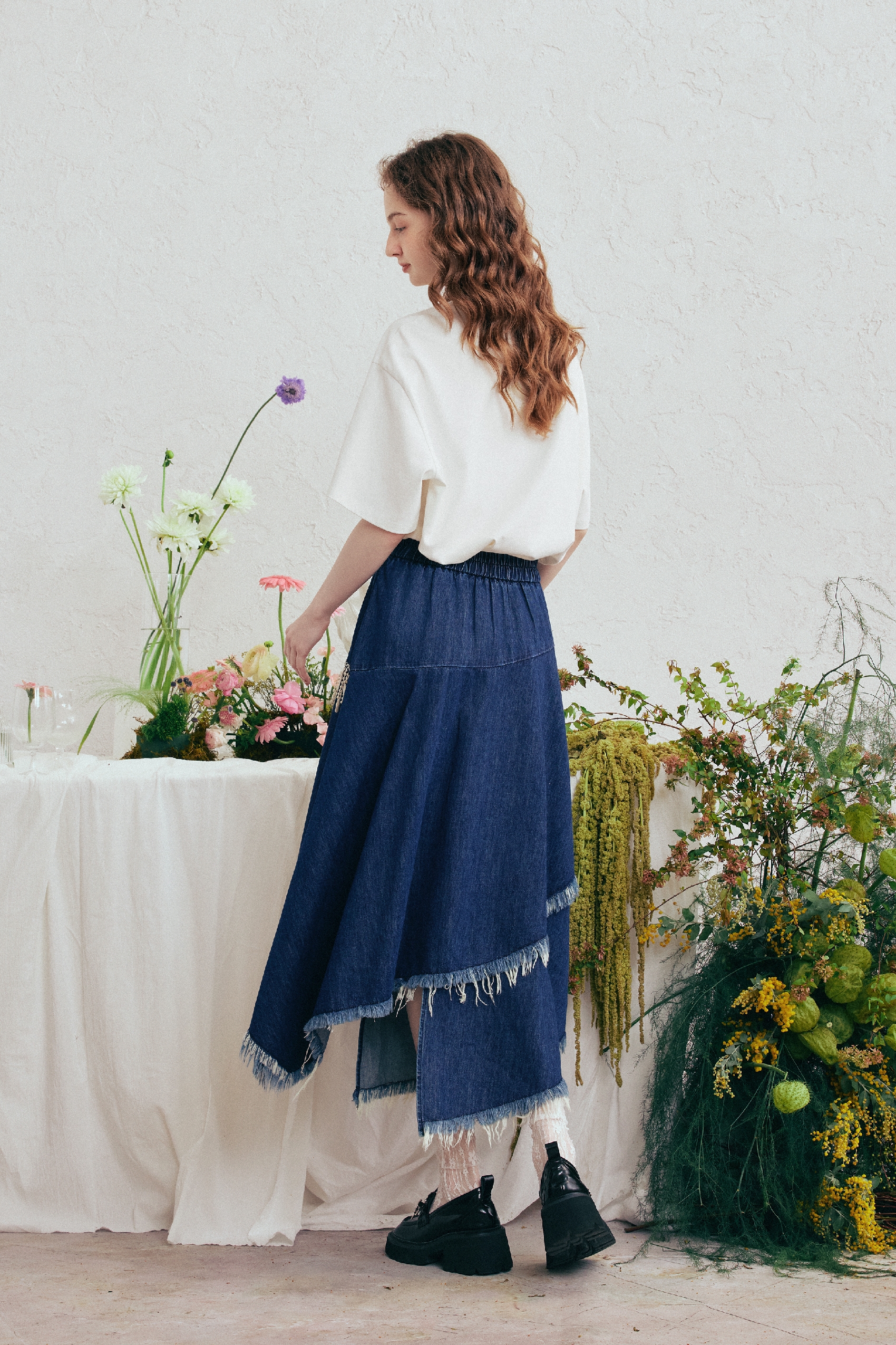 Blue Embroidered Midi Skirt