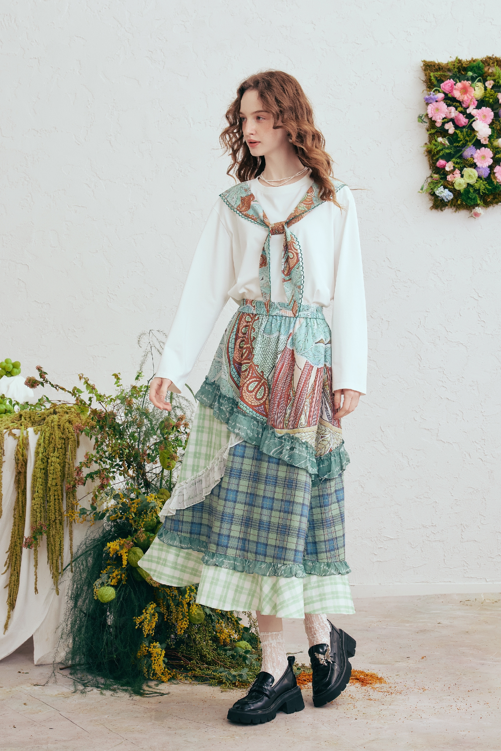 Patchwork Printed Ruffle Skirt-LYONSENS