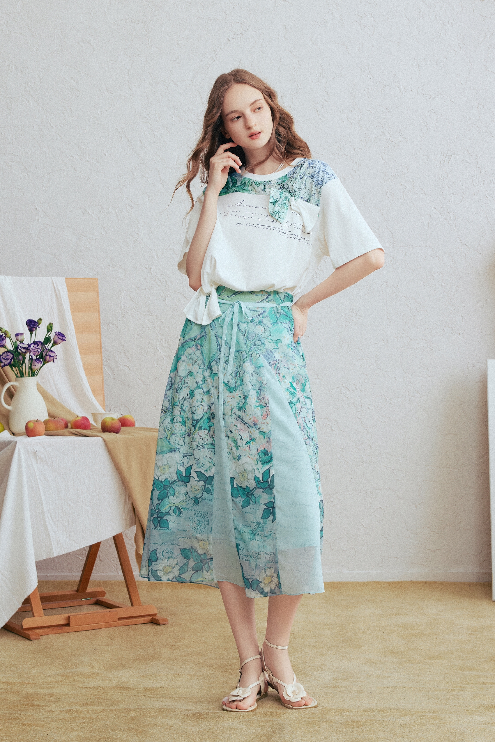Printed Tie-Waist A-Line Skirt