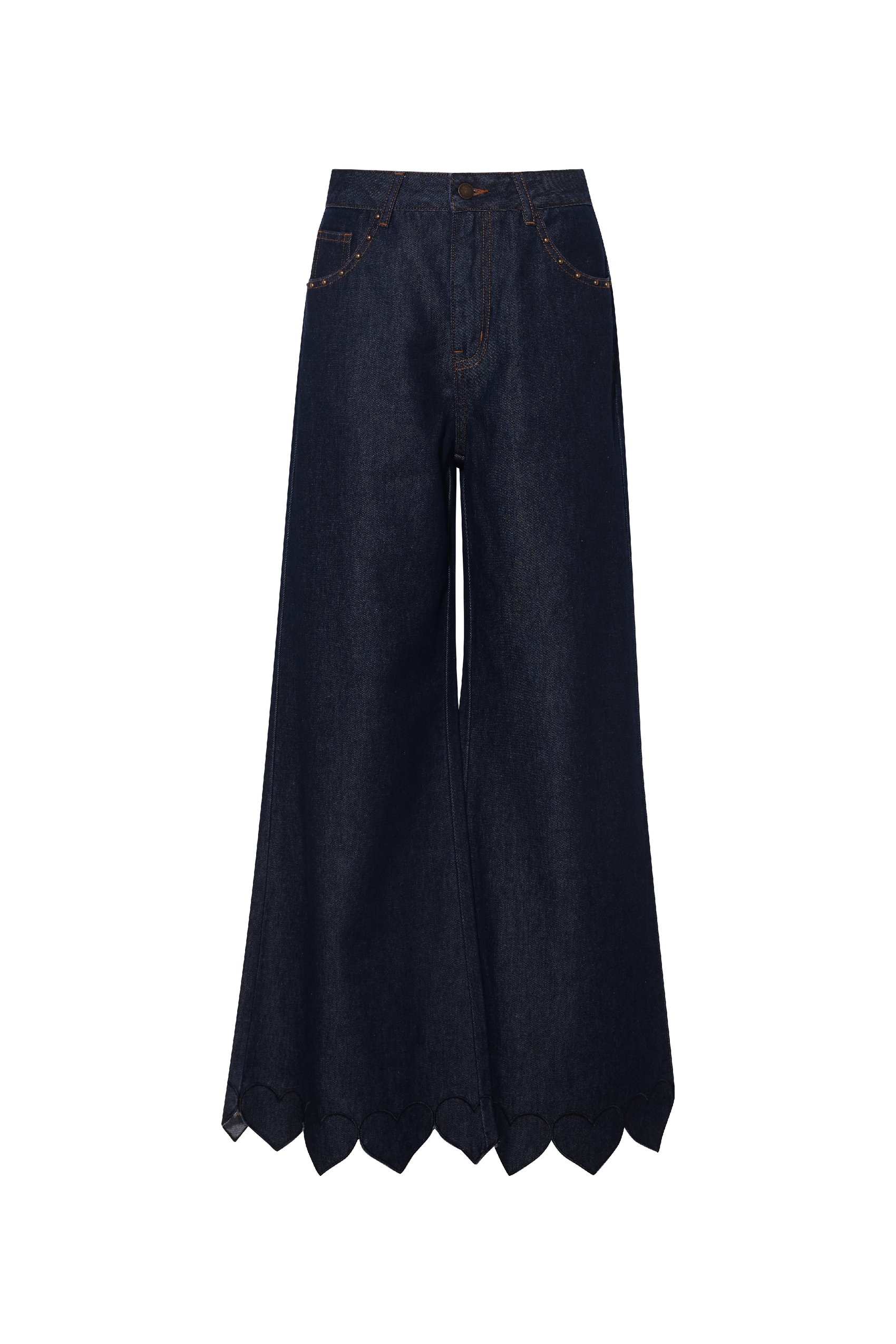 Distressed Pearl-Detail Wide-Leg Jeans