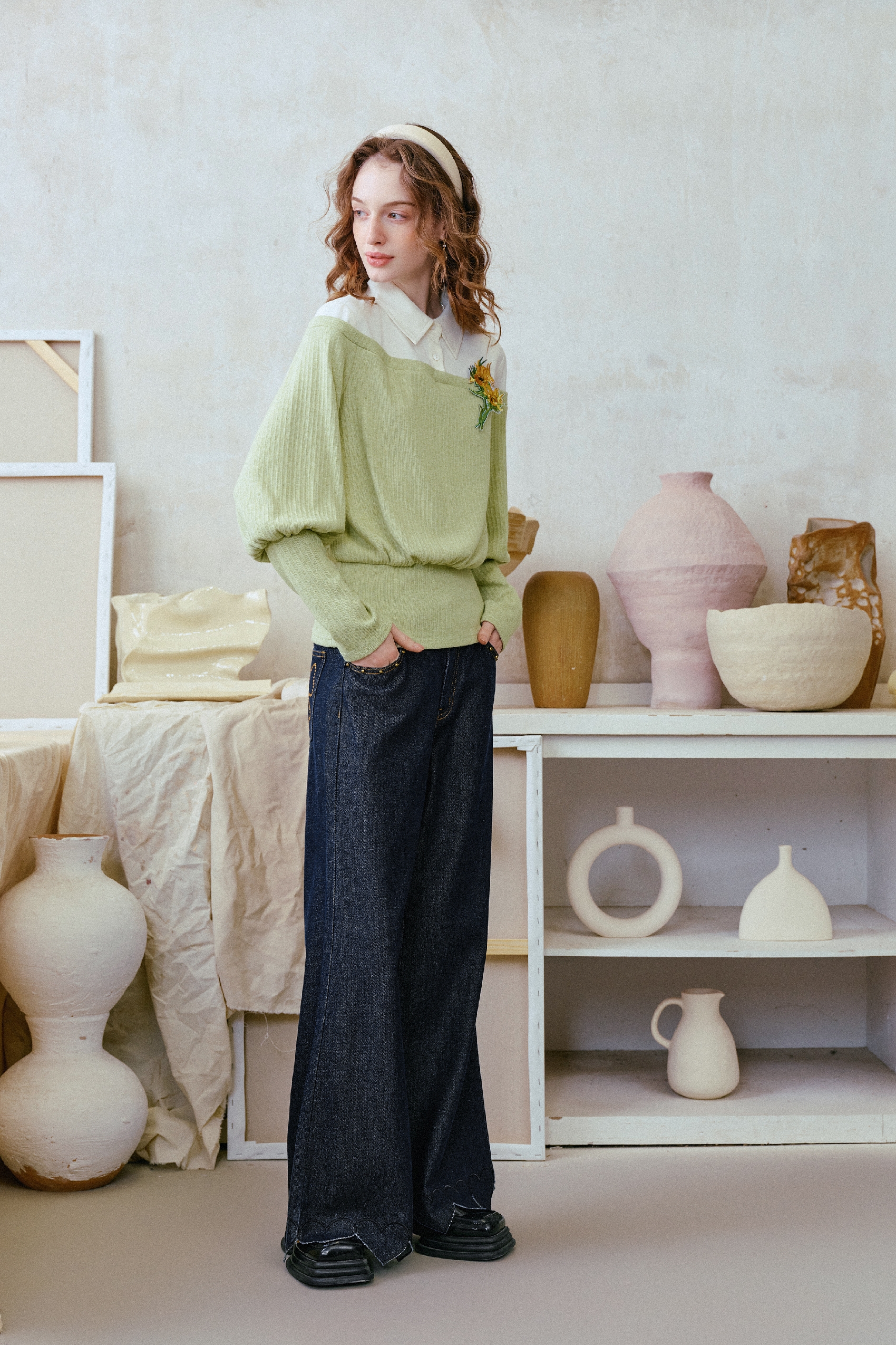 Distressed Pearl-Detail Wide-Leg Jeans