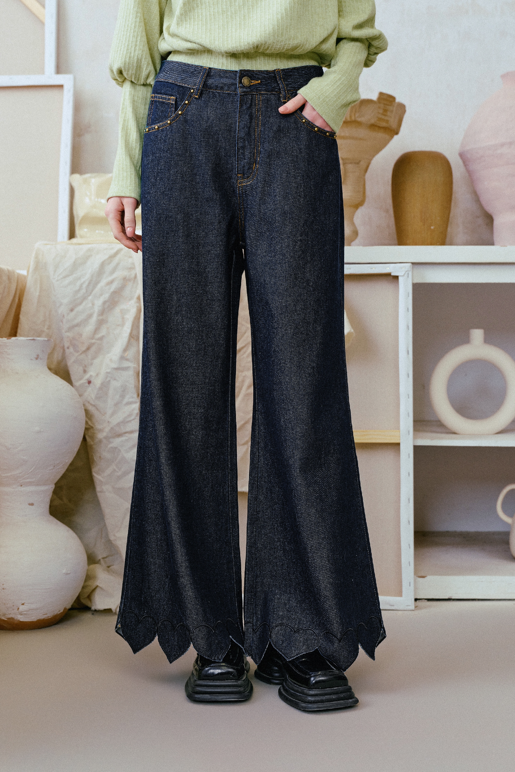 Distressed Pearl-Detail Wide-Leg Jeans