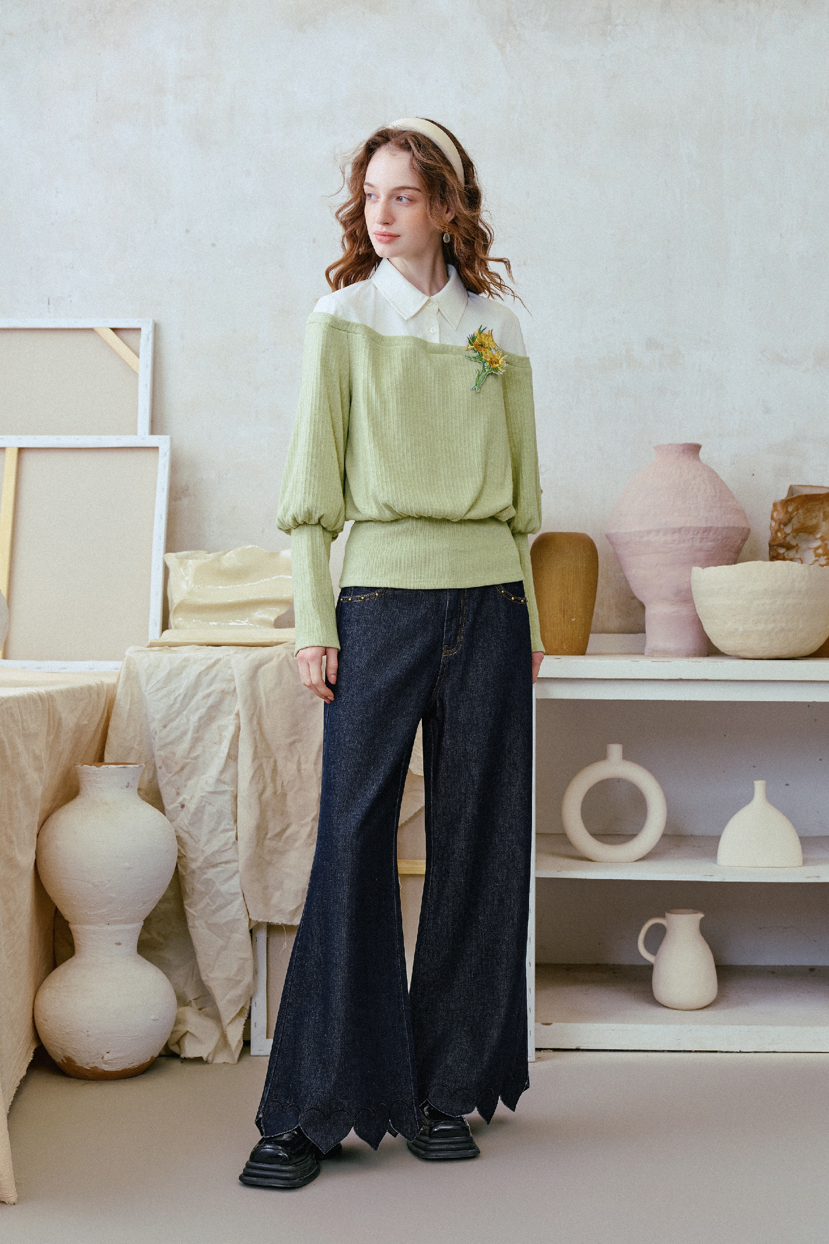 Distressed Pearl-Detail Wide-Leg Jeans