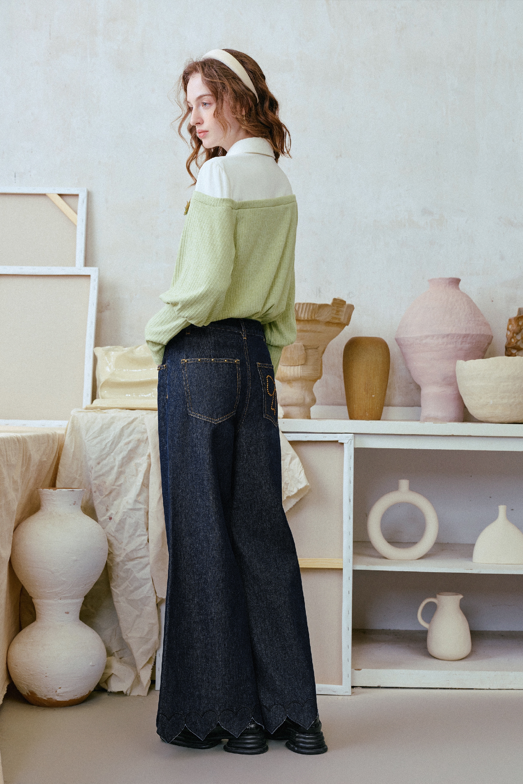 Distressed Pearl-Detail Wide-Leg Jeans