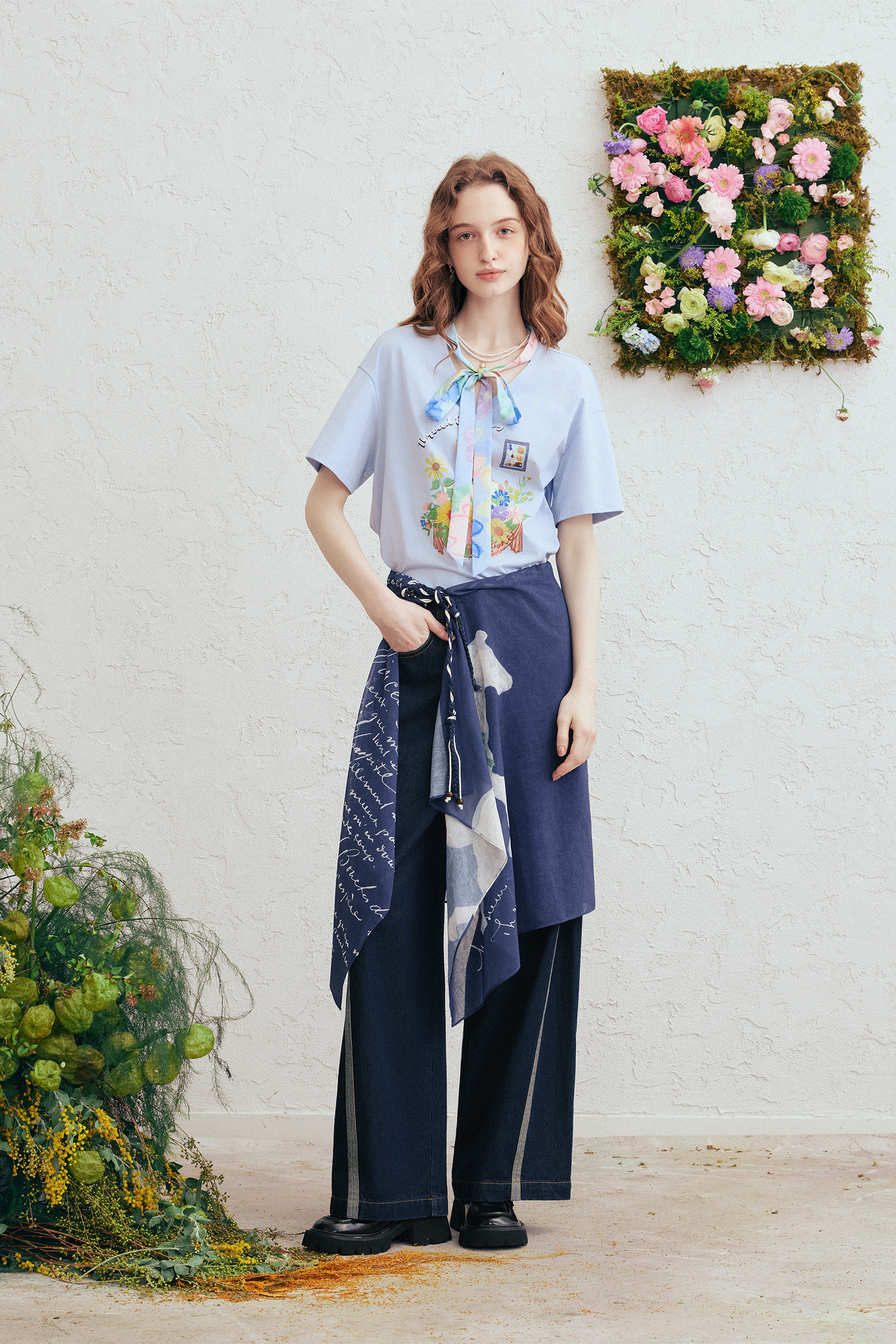 Blue Printed Denim Pants