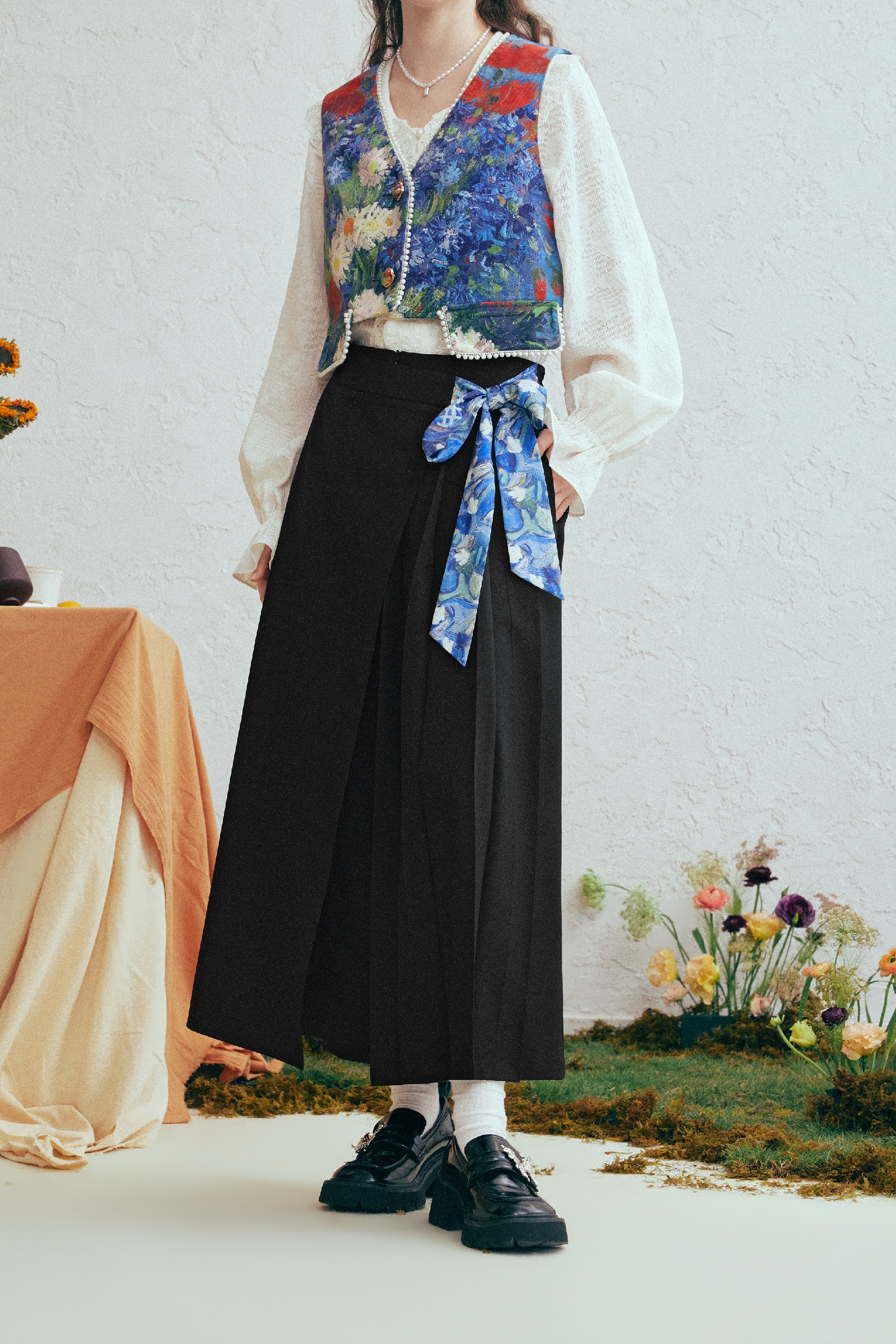 Printed Tie-Detail High-Waist Wide-Leg Pants