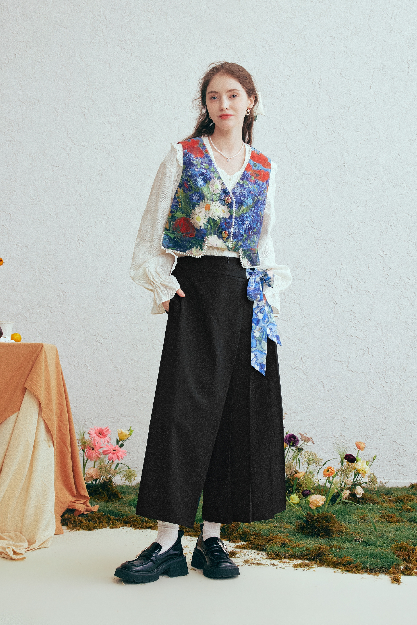 Printed Tie-Detail High-Waist Wide-Leg Pants