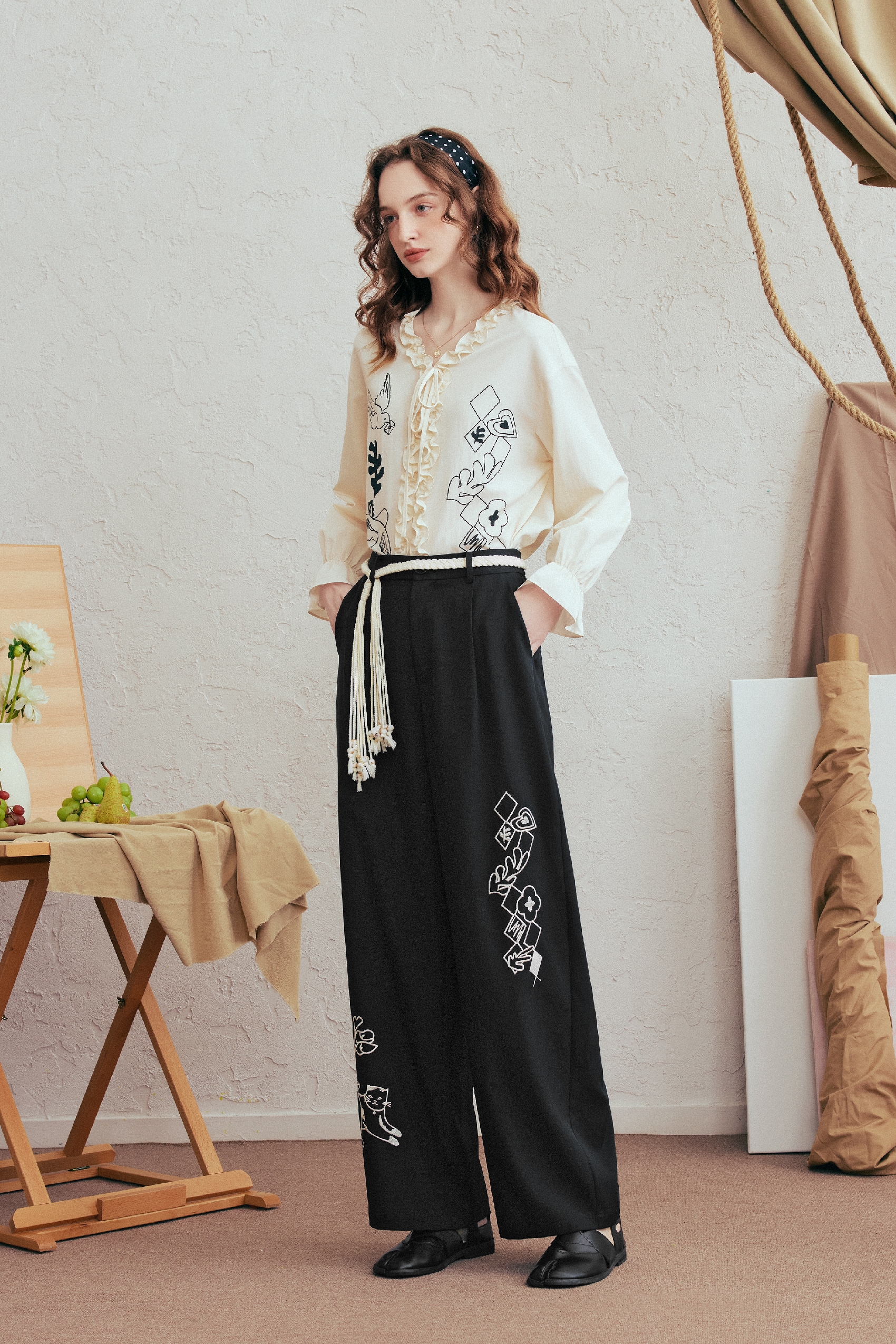 Blue Embroidered Casual Pants