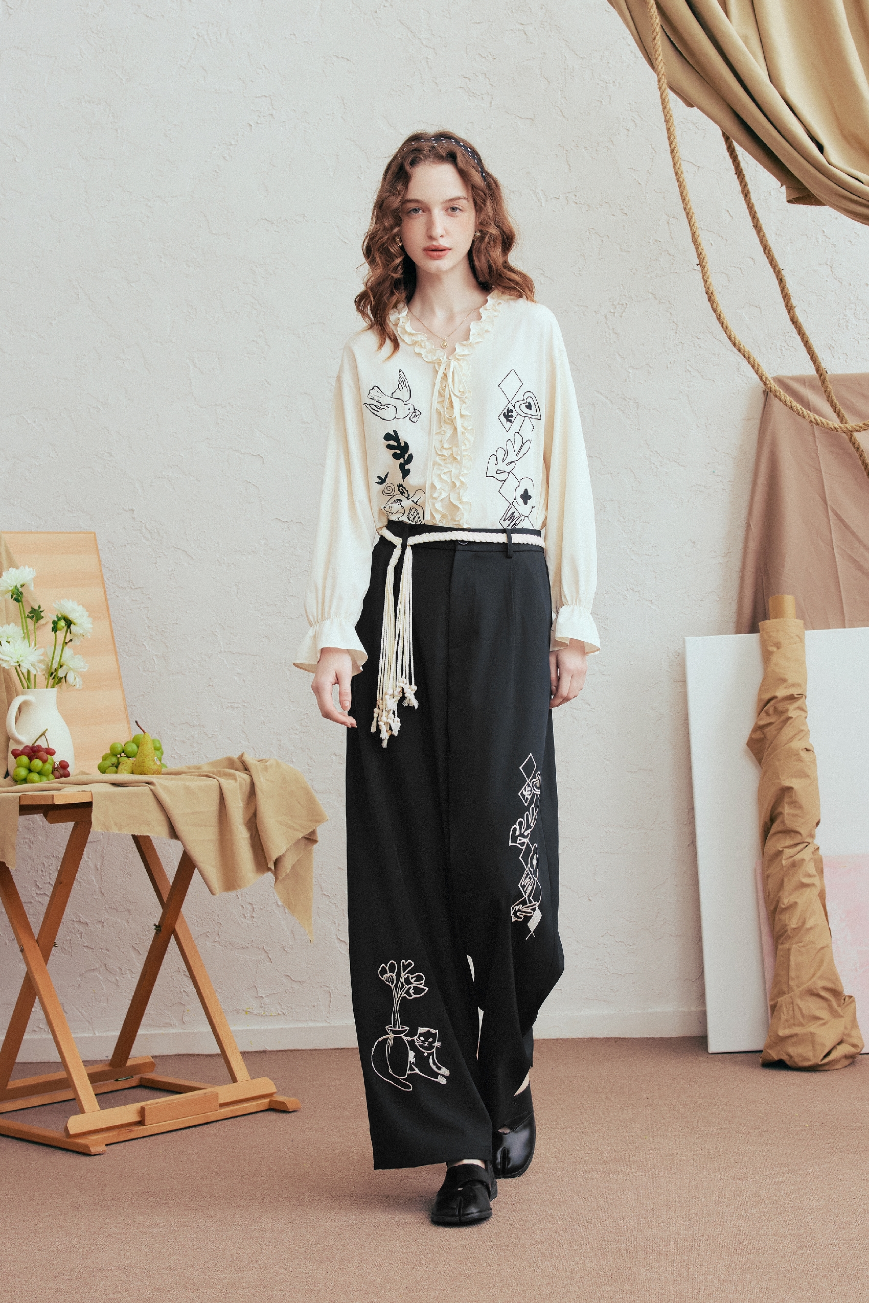 Blue Embroidered Casual Pants