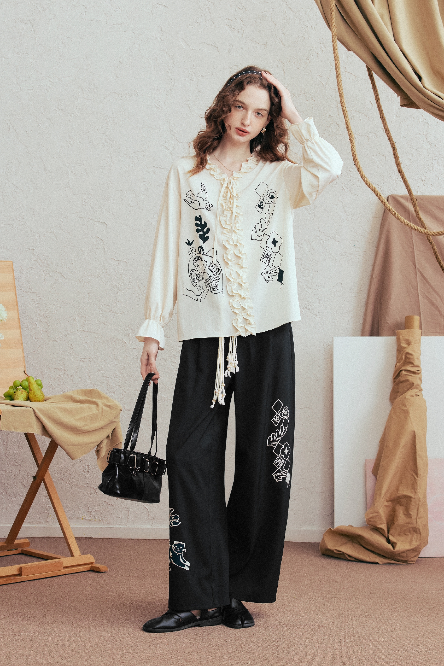 Blue Embroidered Casual Pants