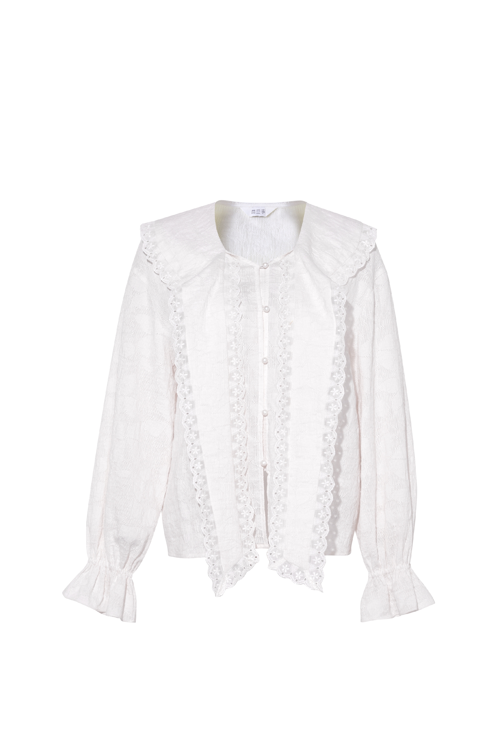 Lace Patchwork Puff-Sleeve Collared Top