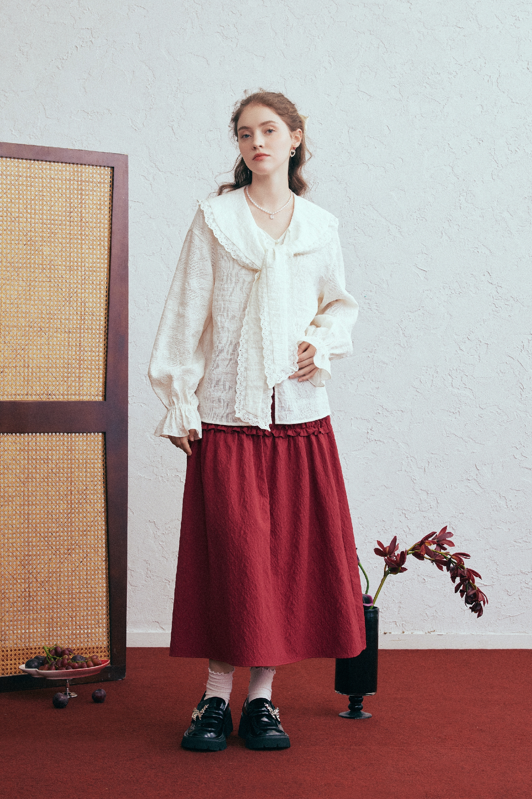 Lace Patchwork Puff-Sleeve Collared Top