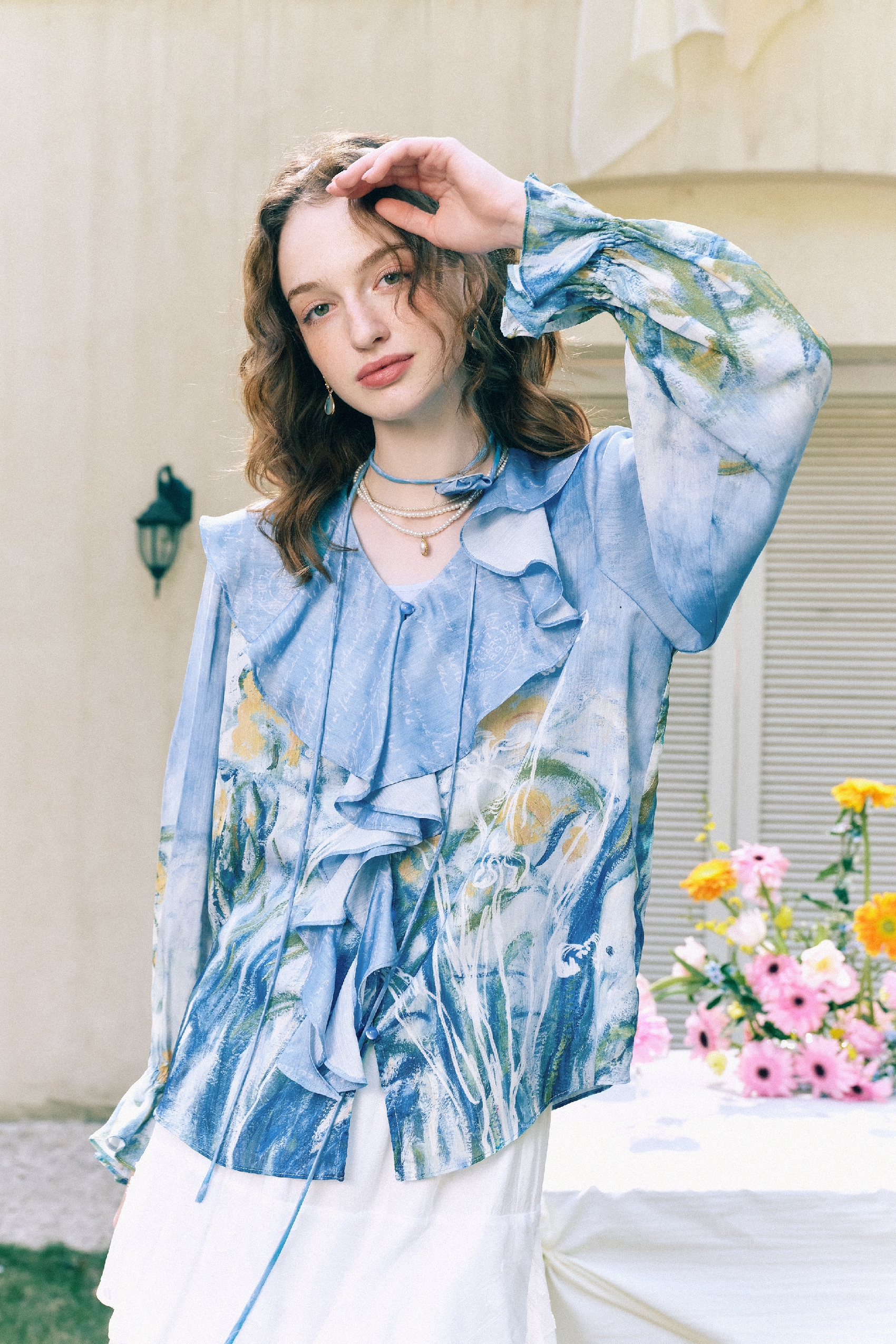 Ruffle Collar Floral Chiffon Two-Piece Top