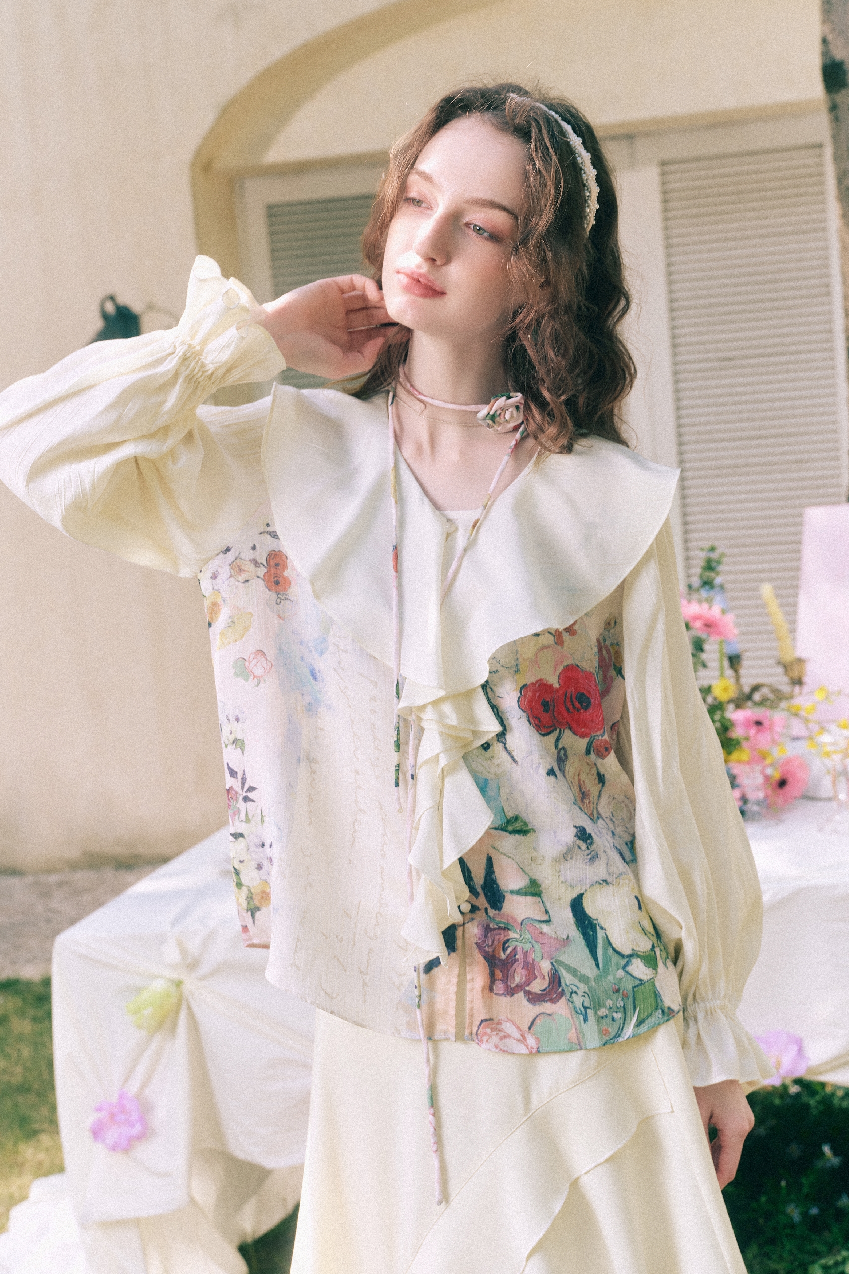 Ruffle Collar Floral Chiffon Two-Piece Top