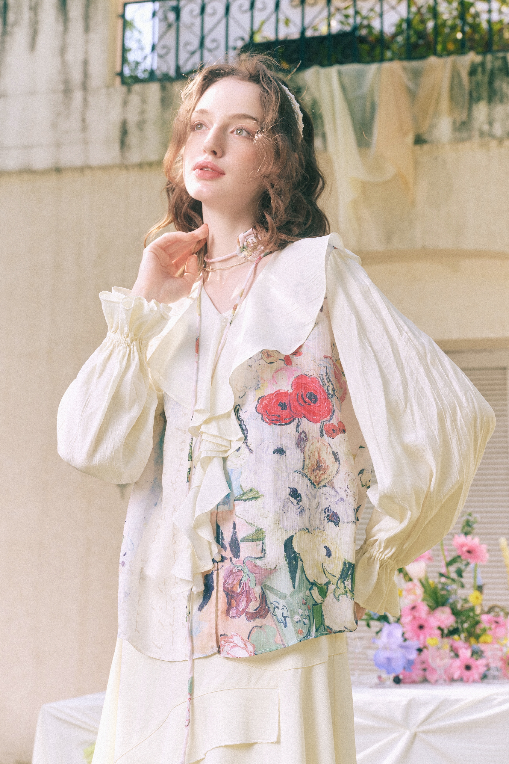 Ruffle Collar Floral Chiffon Two-Piece Top