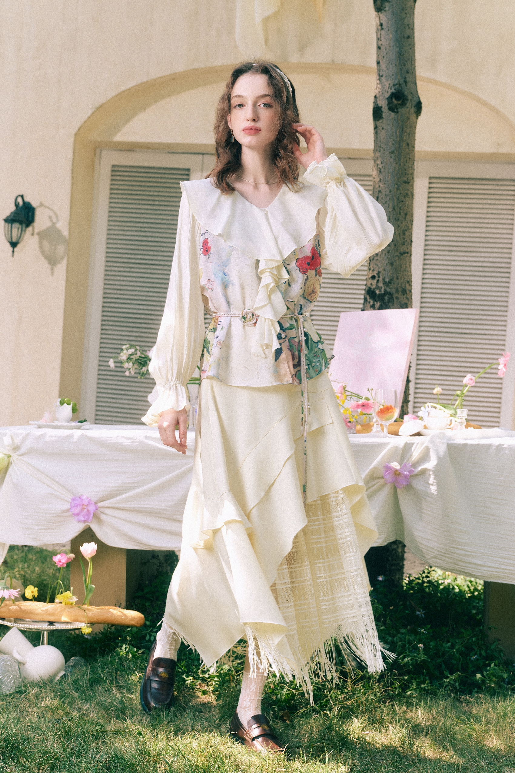 Ruffle Collar Floral Chiffon Two-Piece Top