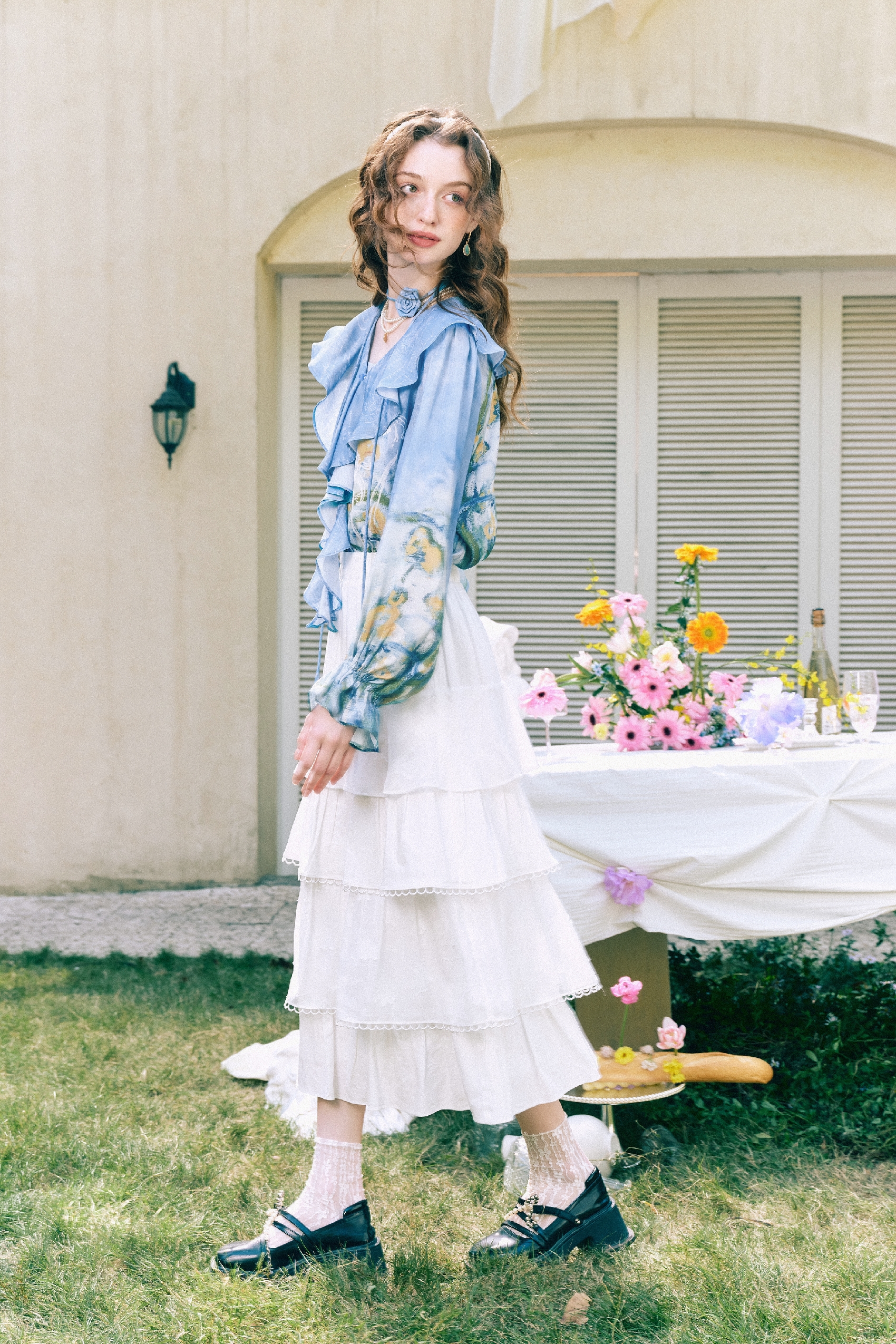 Ruffle Collar Floral Chiffon Two-Piece Top