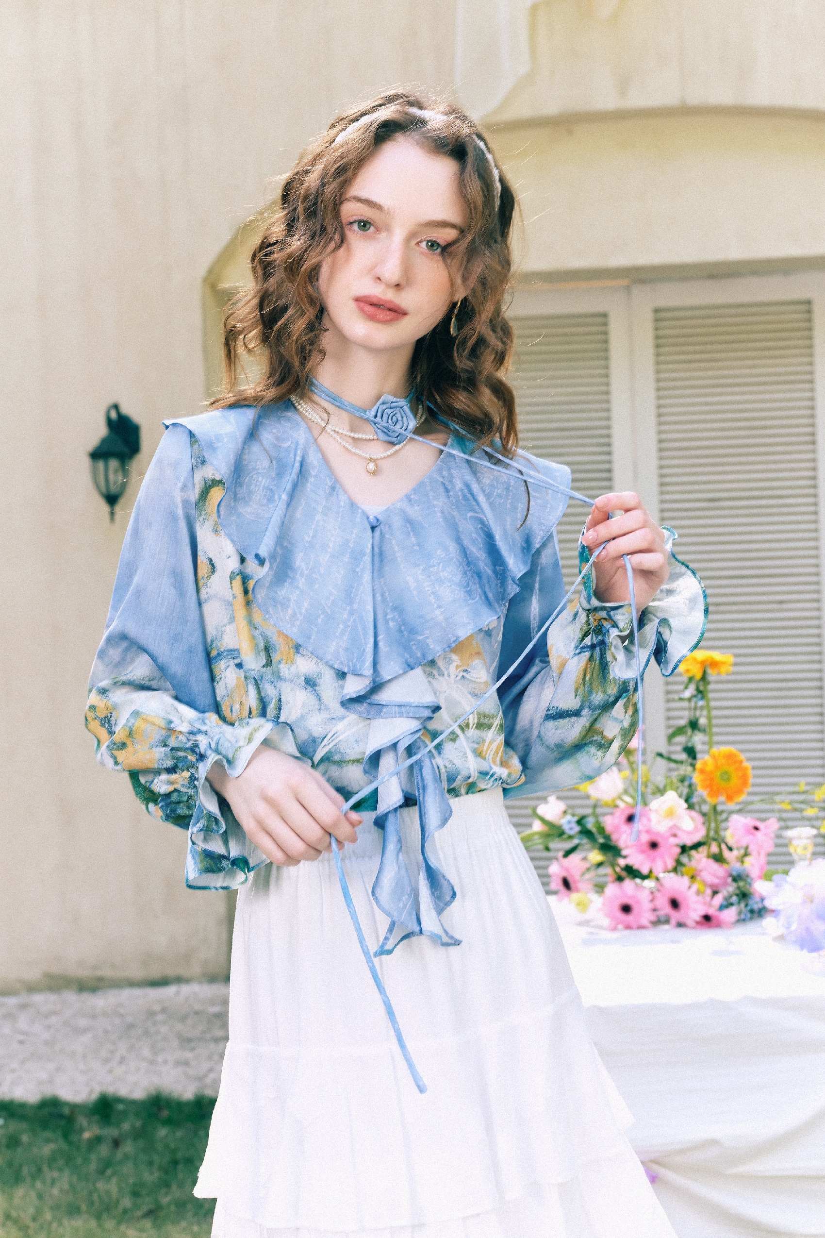 Ruffle Collar Floral Chiffon Two-Piece Top