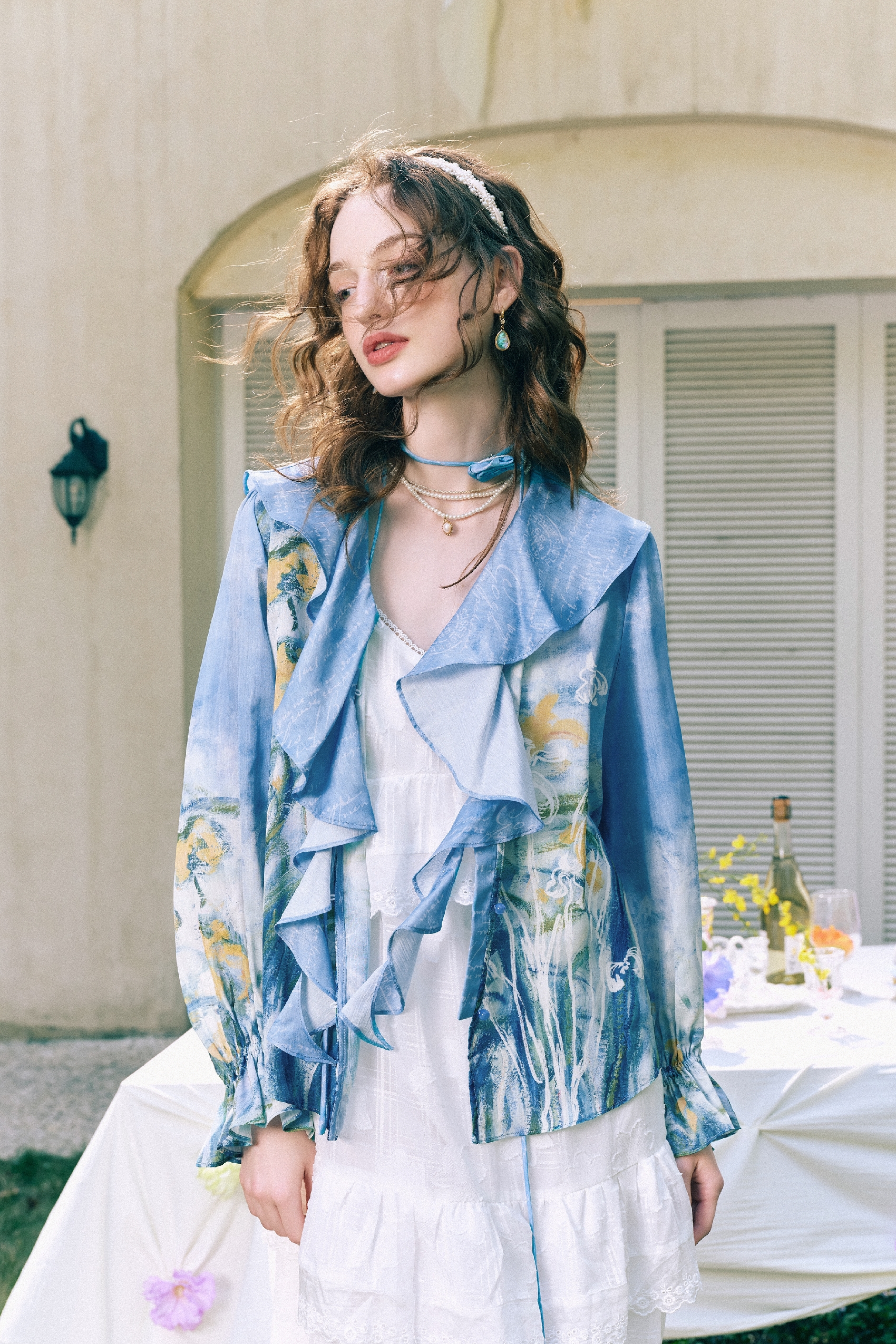 Ruffle Collar Floral Chiffon Two-Piece Top