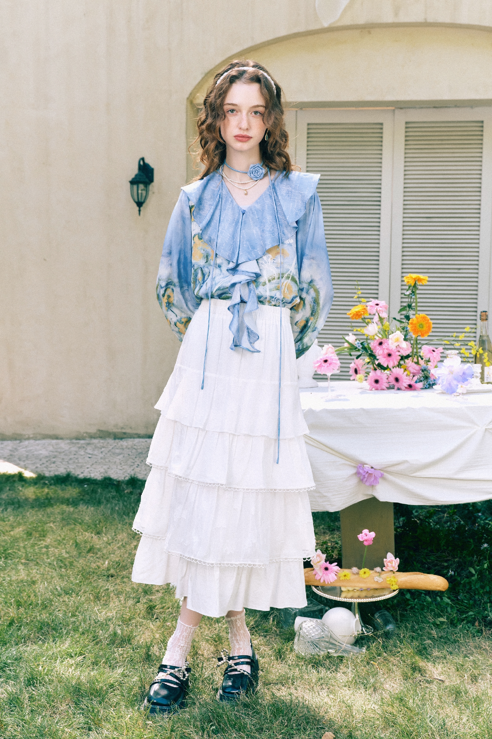 Ruffle Collar Floral Chiffon Two-Piece Top