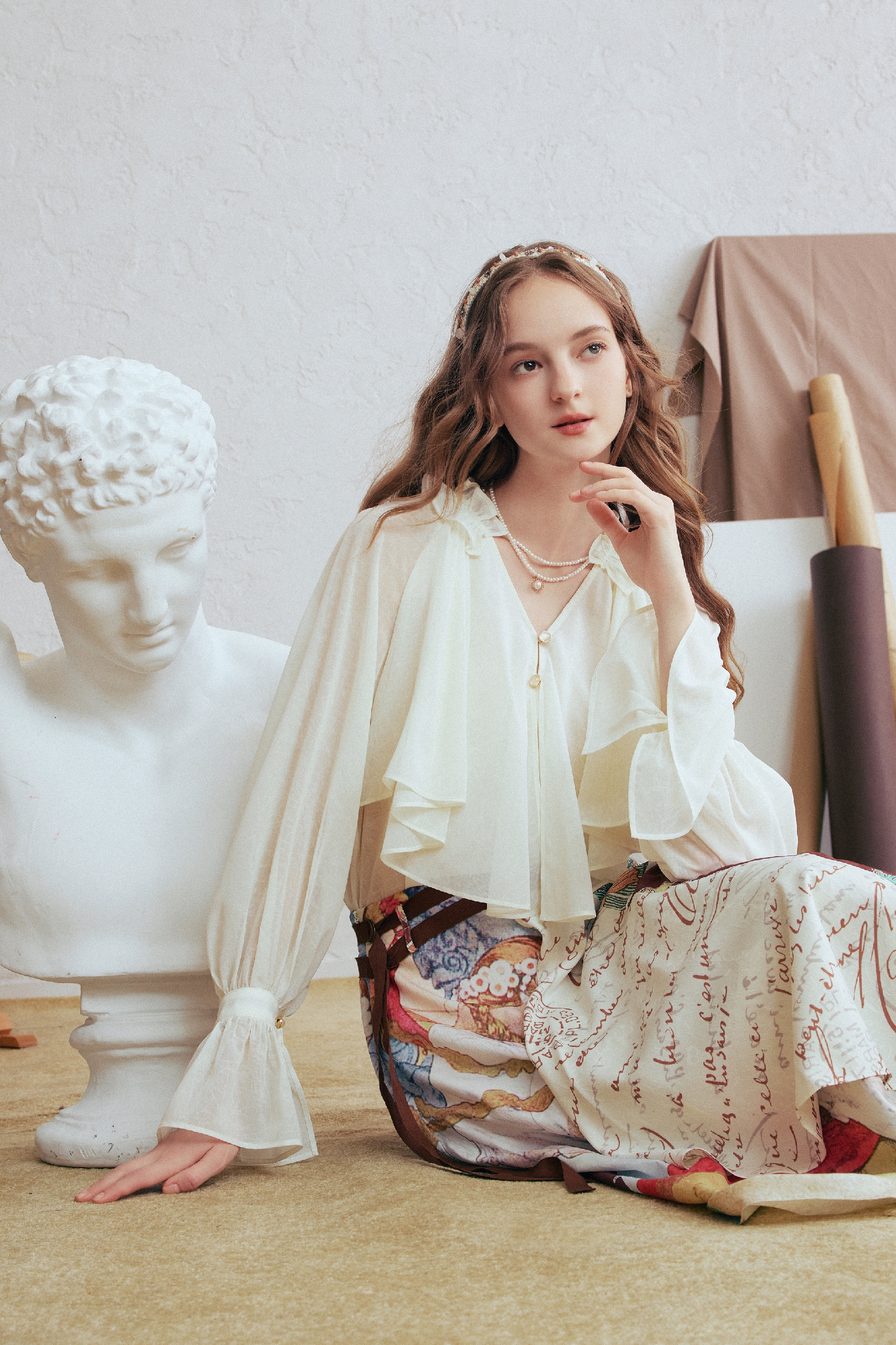 Patchwork Lantern Sleeve Chiffon Blouse