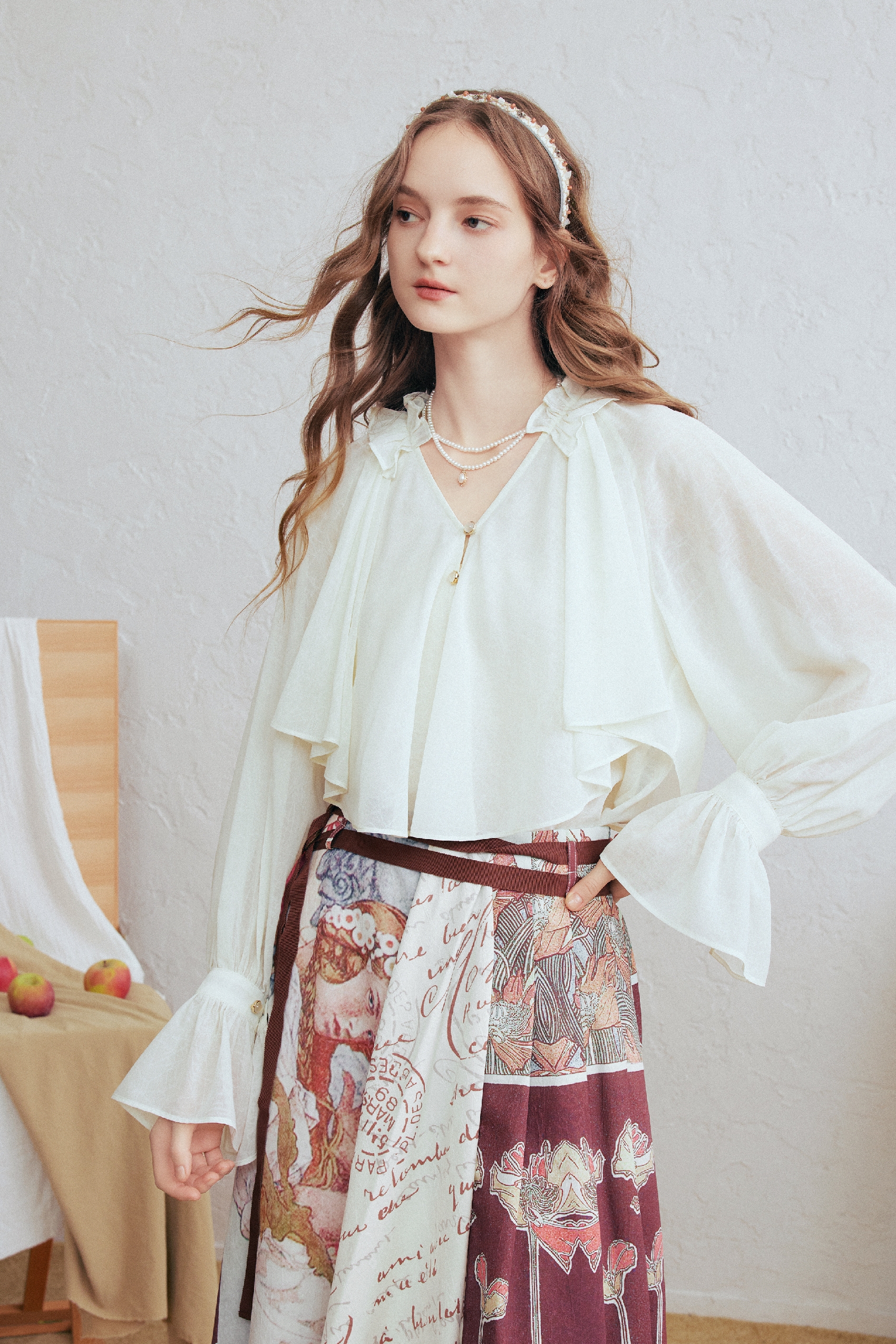 Patchwork Lantern Sleeve Chiffon Blouse