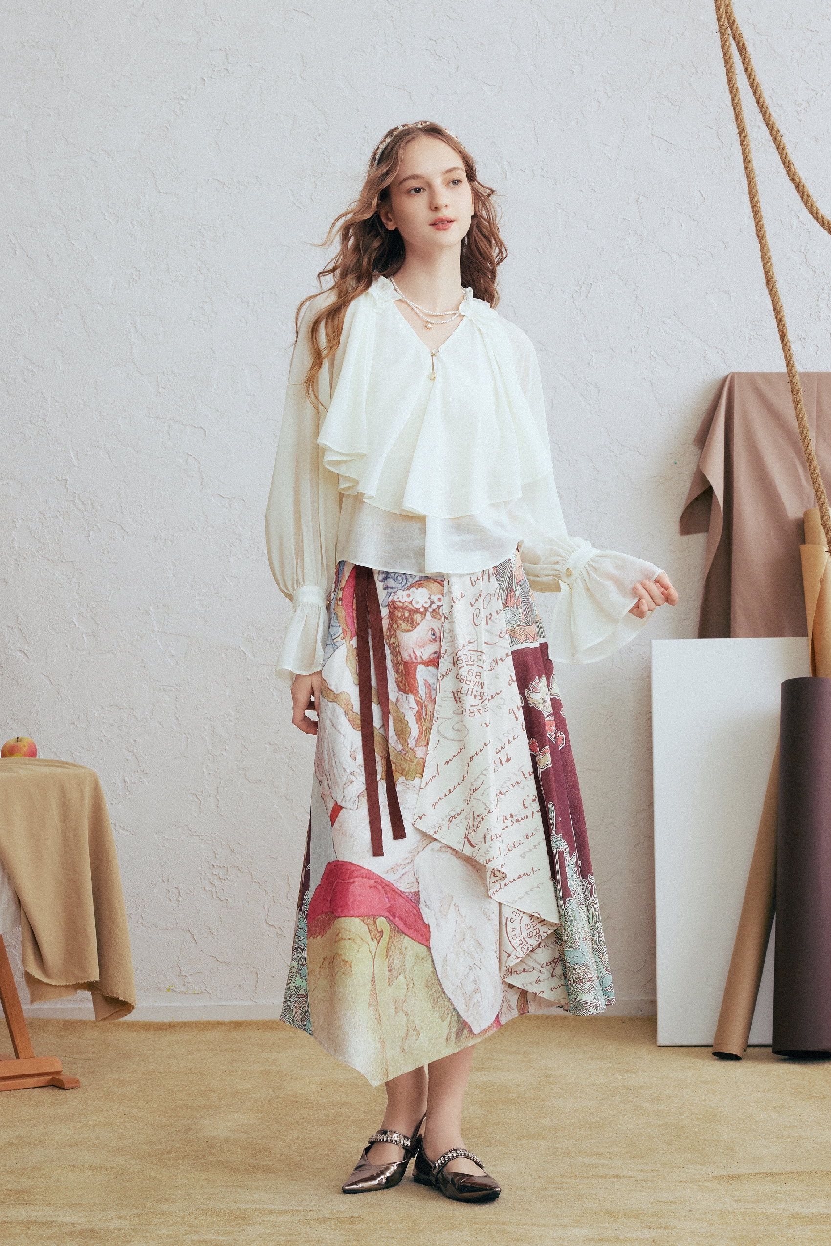 Patchwork Lantern Sleeve Chiffon Blouse
