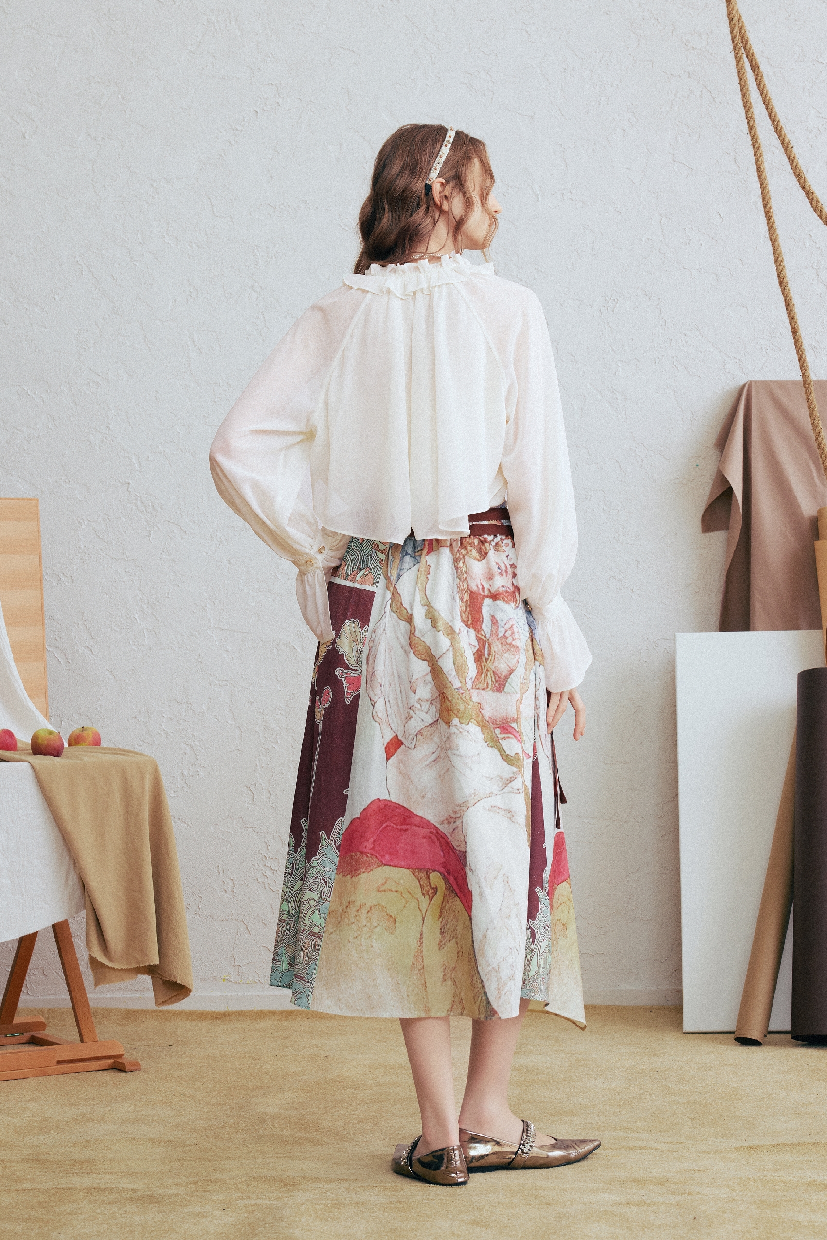 Patchwork Lantern Sleeve Chiffon Blouse