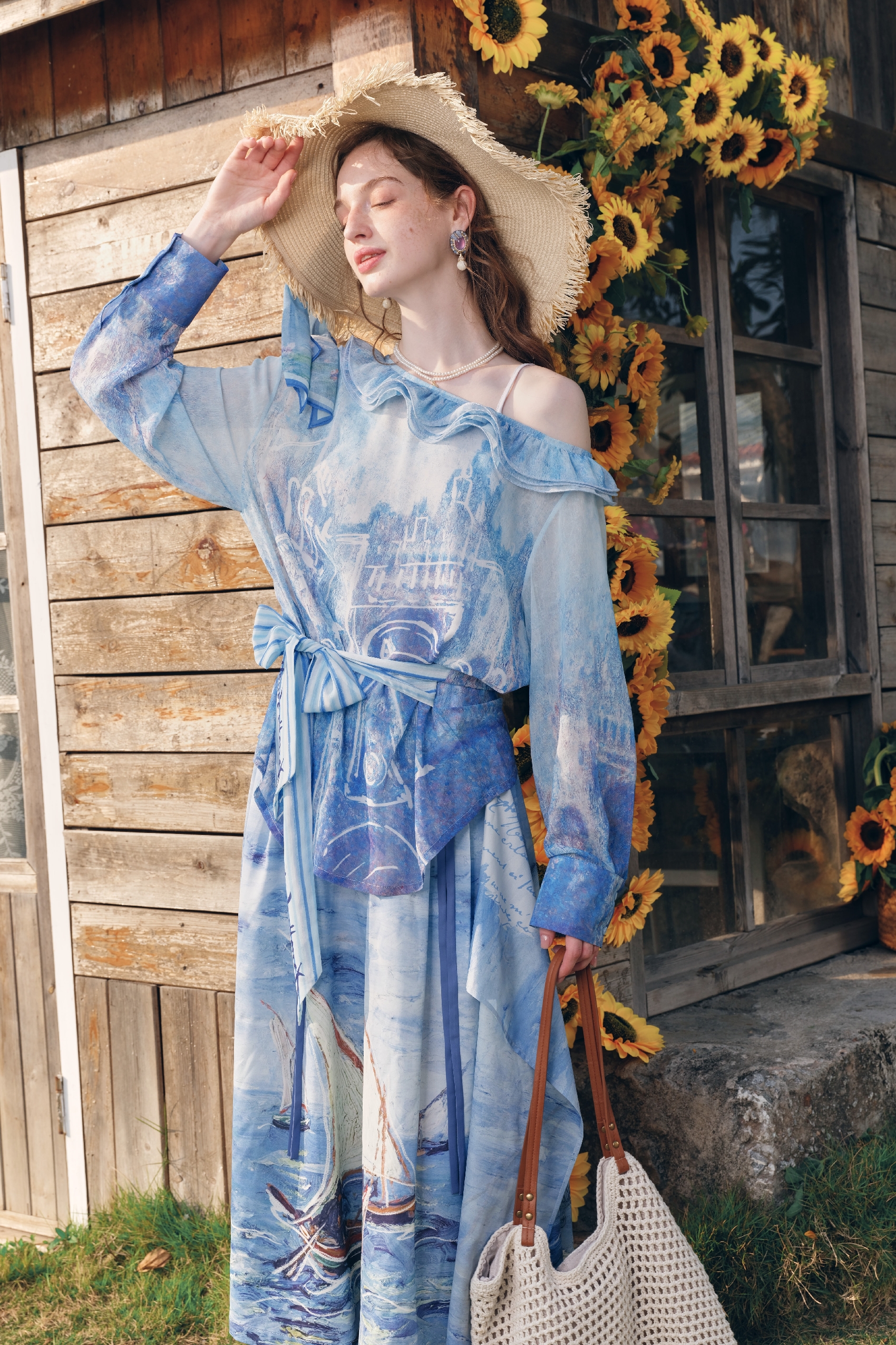 French One-Shoulder Tie-Detail Printed Chiffon Top