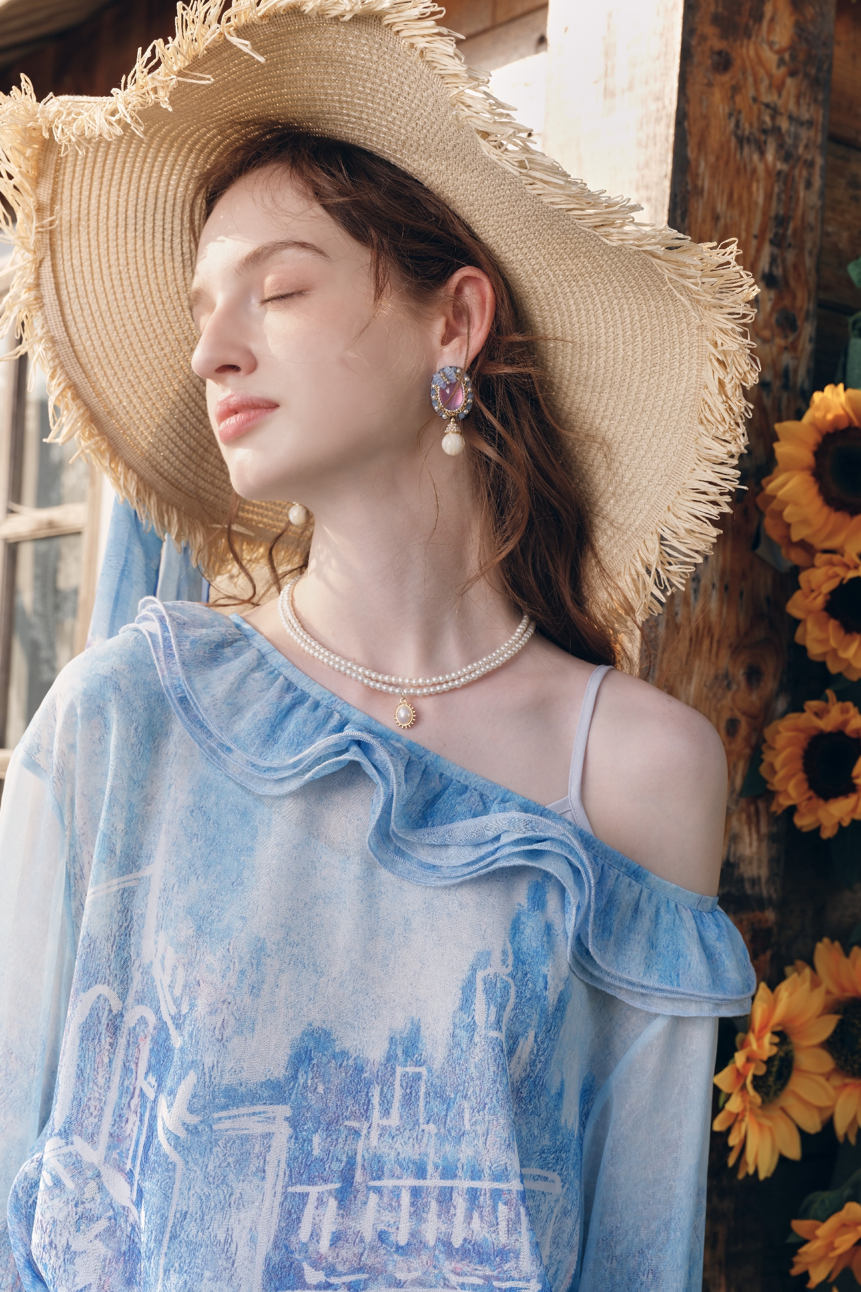 French One-Shoulder Tie-Detail Printed Chiffon Top