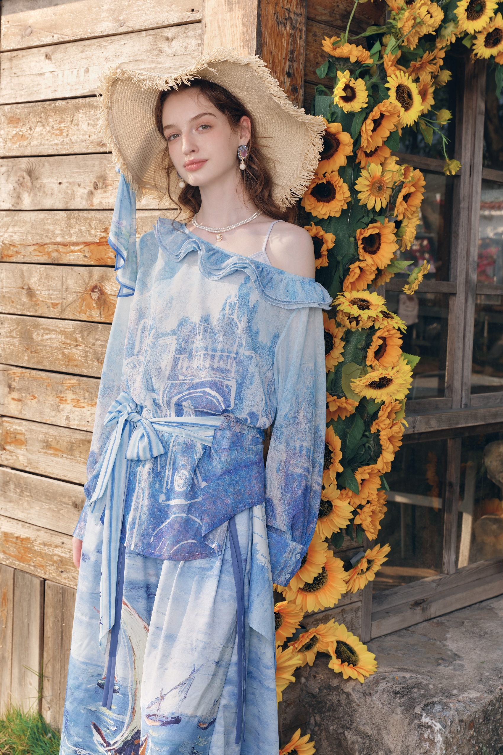 French One-Shoulder Tie-Detail Printed Chiffon Top