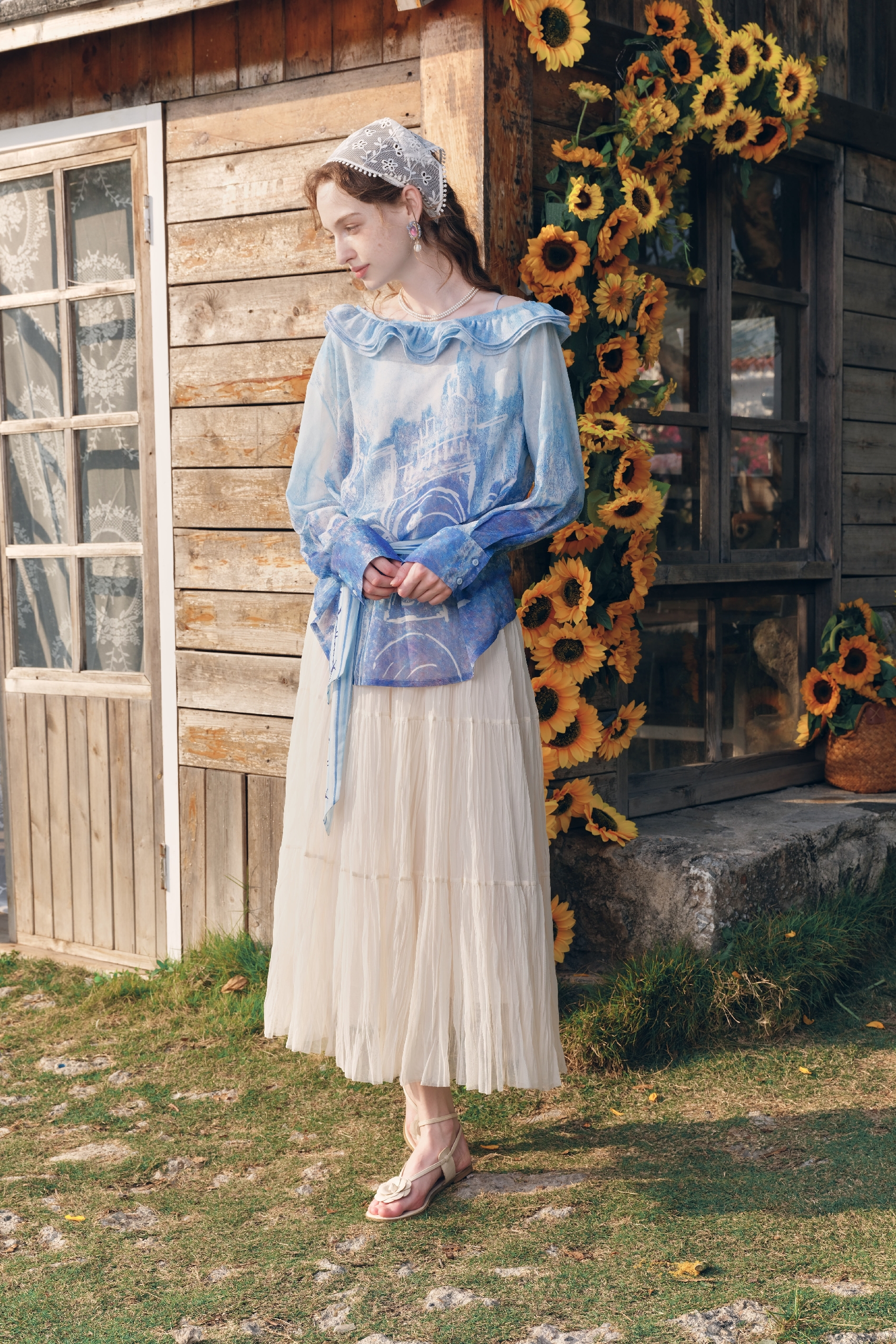 French One-Shoulder Tie-Detail Printed Chiffon Top