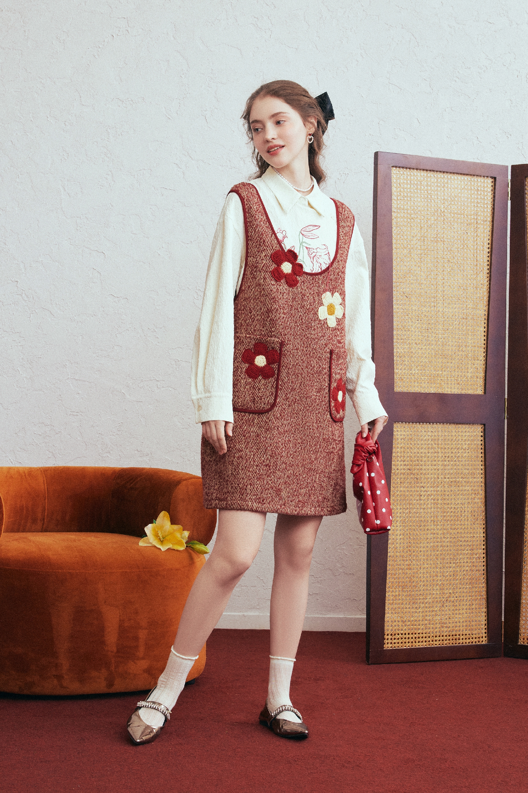 Red Crocheted Wool Mini Vest Dress