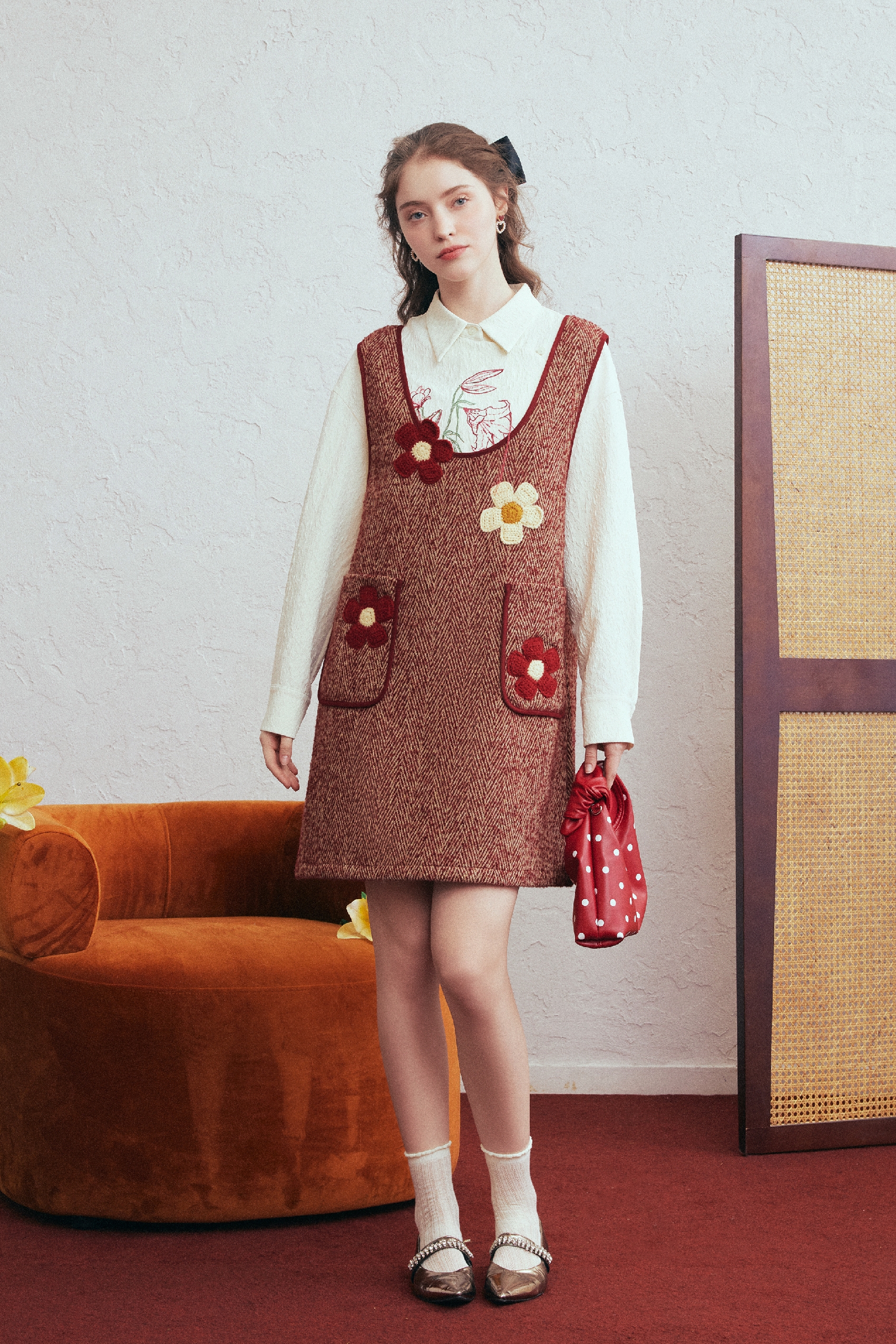 Red Crocheted Wool Mini Vest Dress