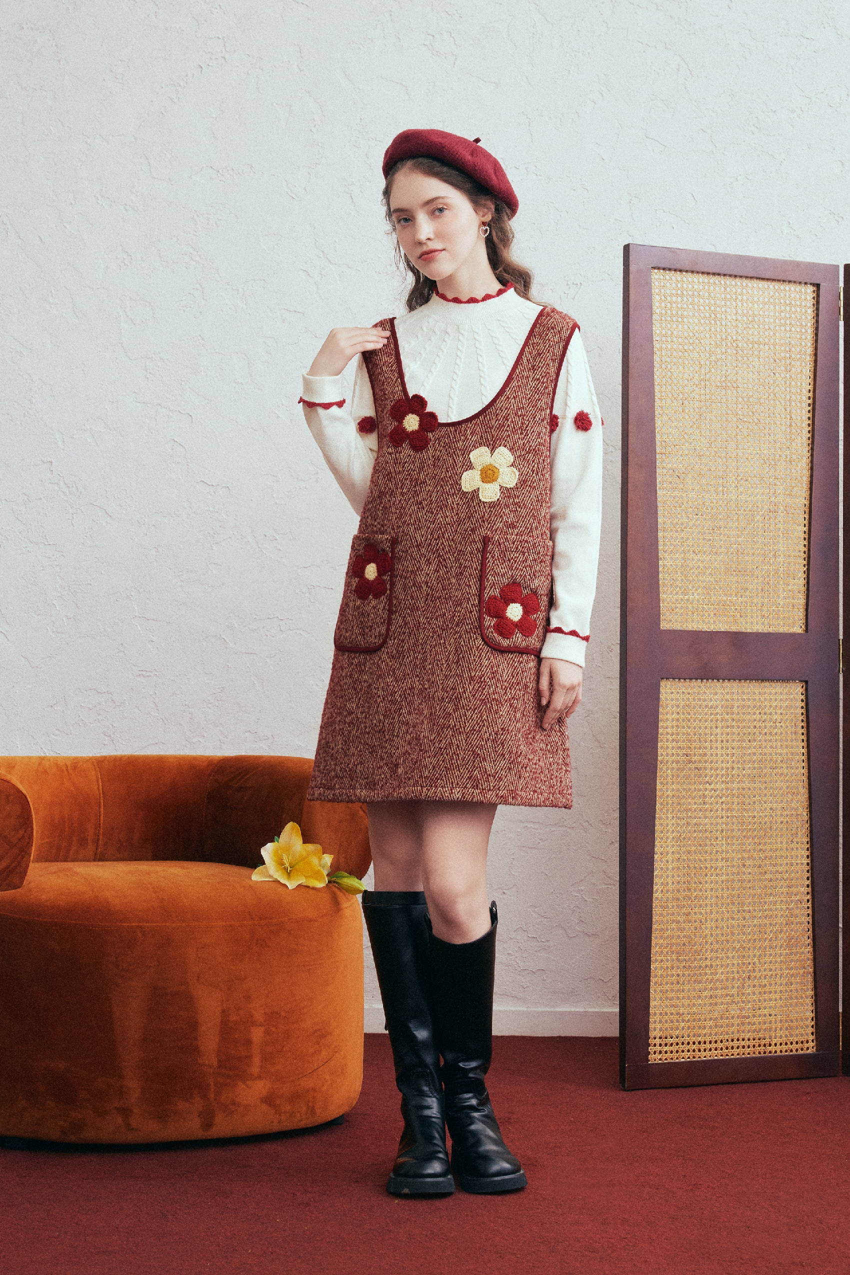 Red Crocheted Wool Mini Vest Dress