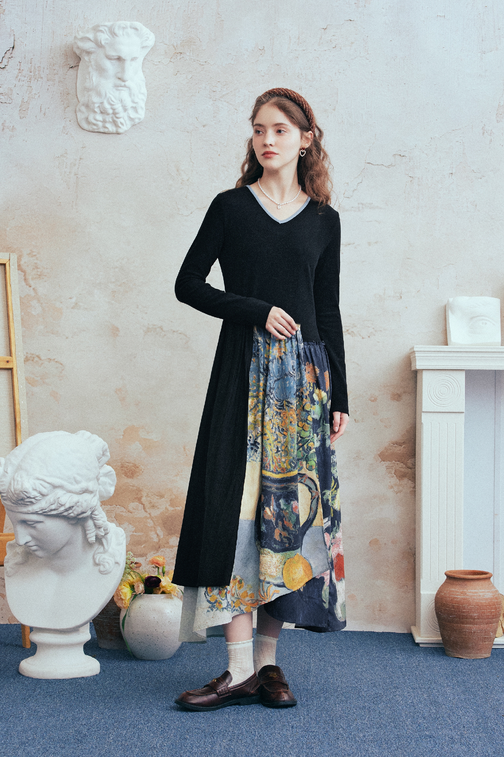 Printed Patchwork Asymmetric Dress-LYONSENS