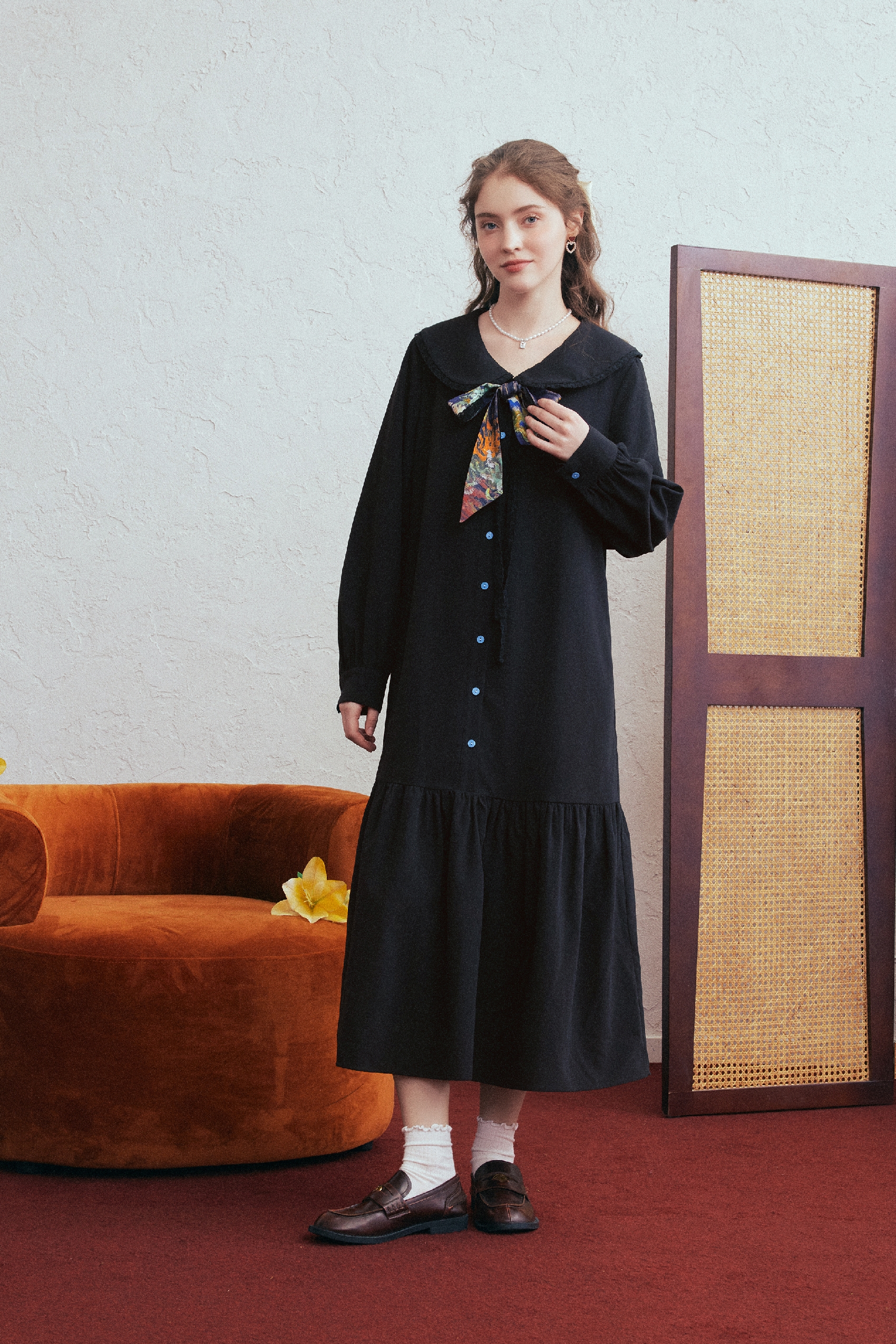Printed Tie-Detail Button-Down Shirt Dress-LYONSENS