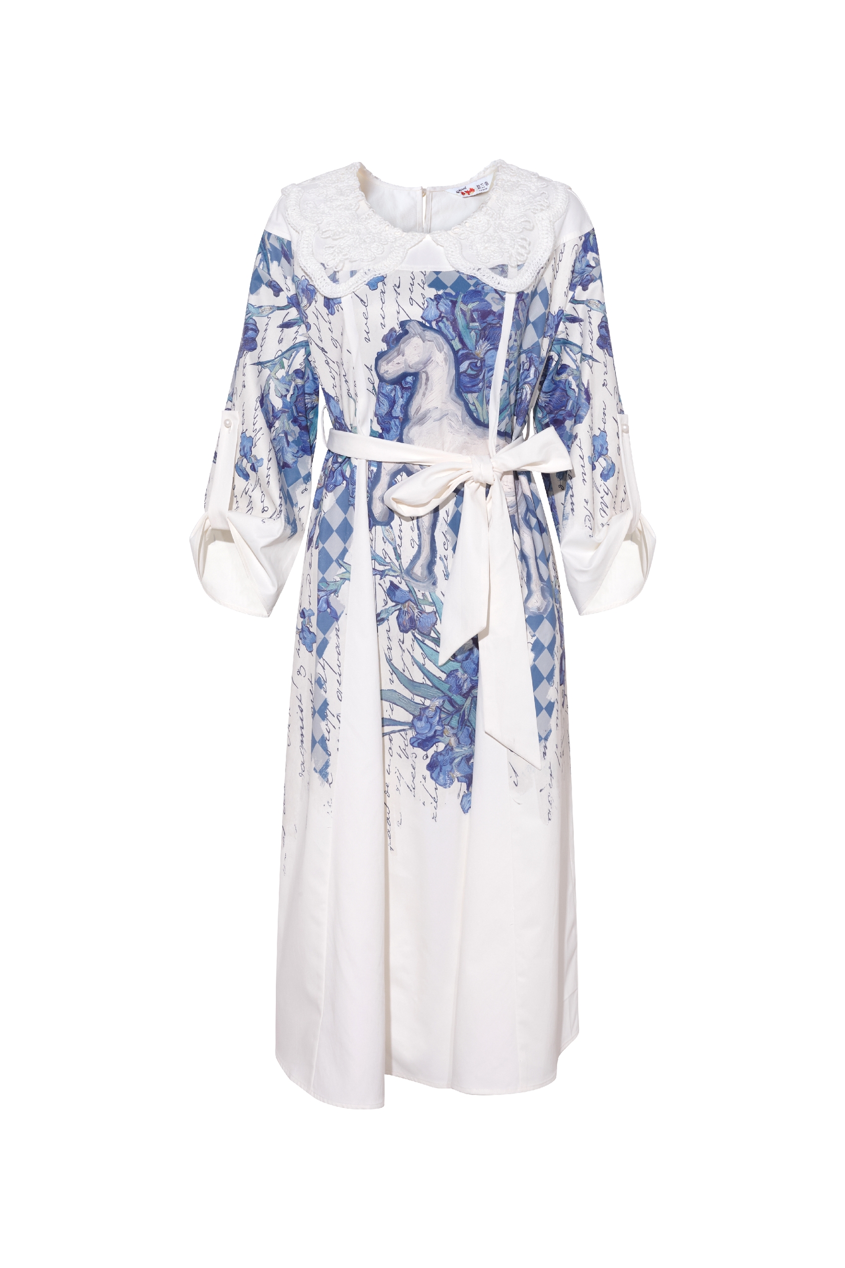 Lace Collar Printed Tie-Detail Dress-LYONSENS
