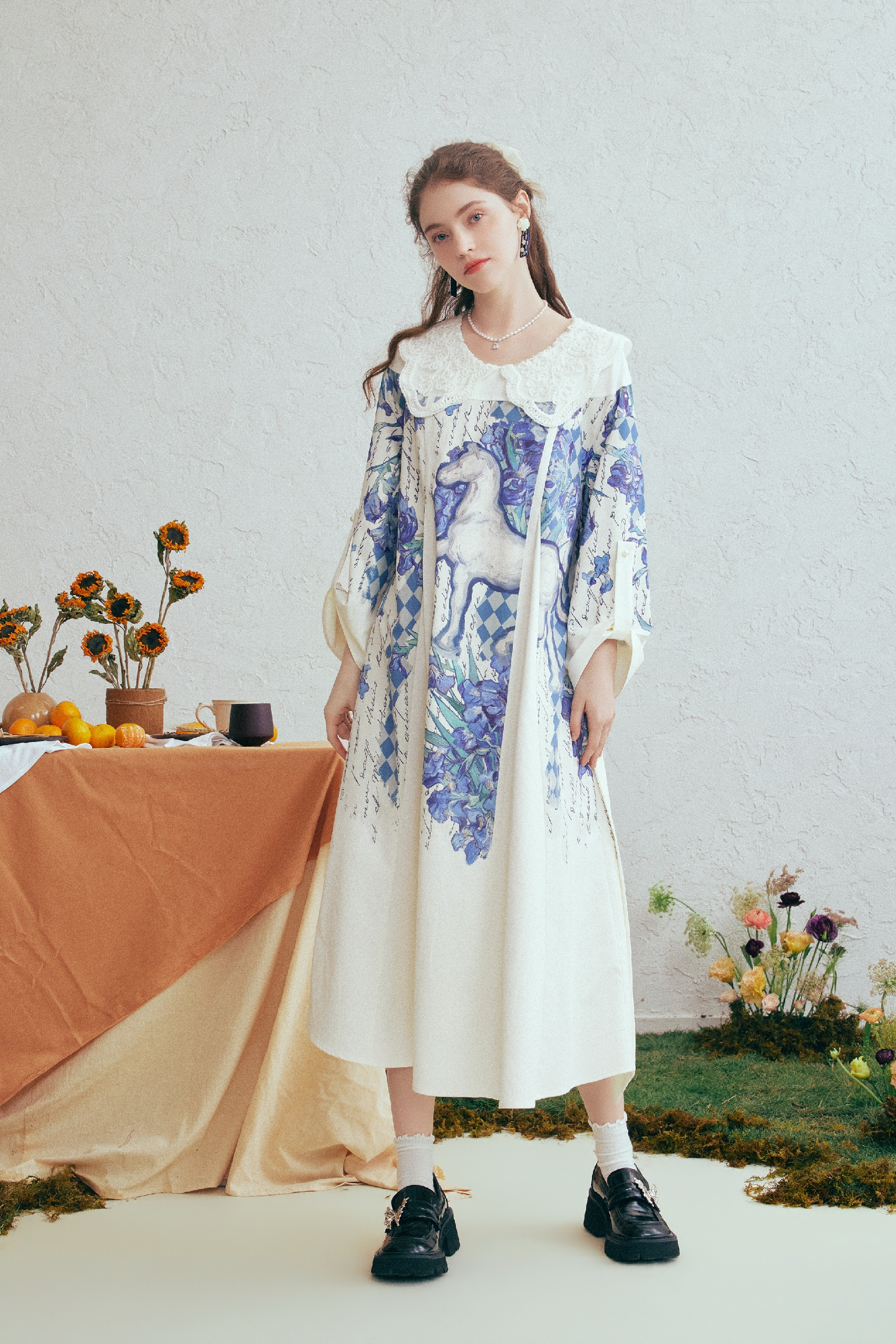 Lace Collar Printed Tie-Detail Dress-LYONSENS
