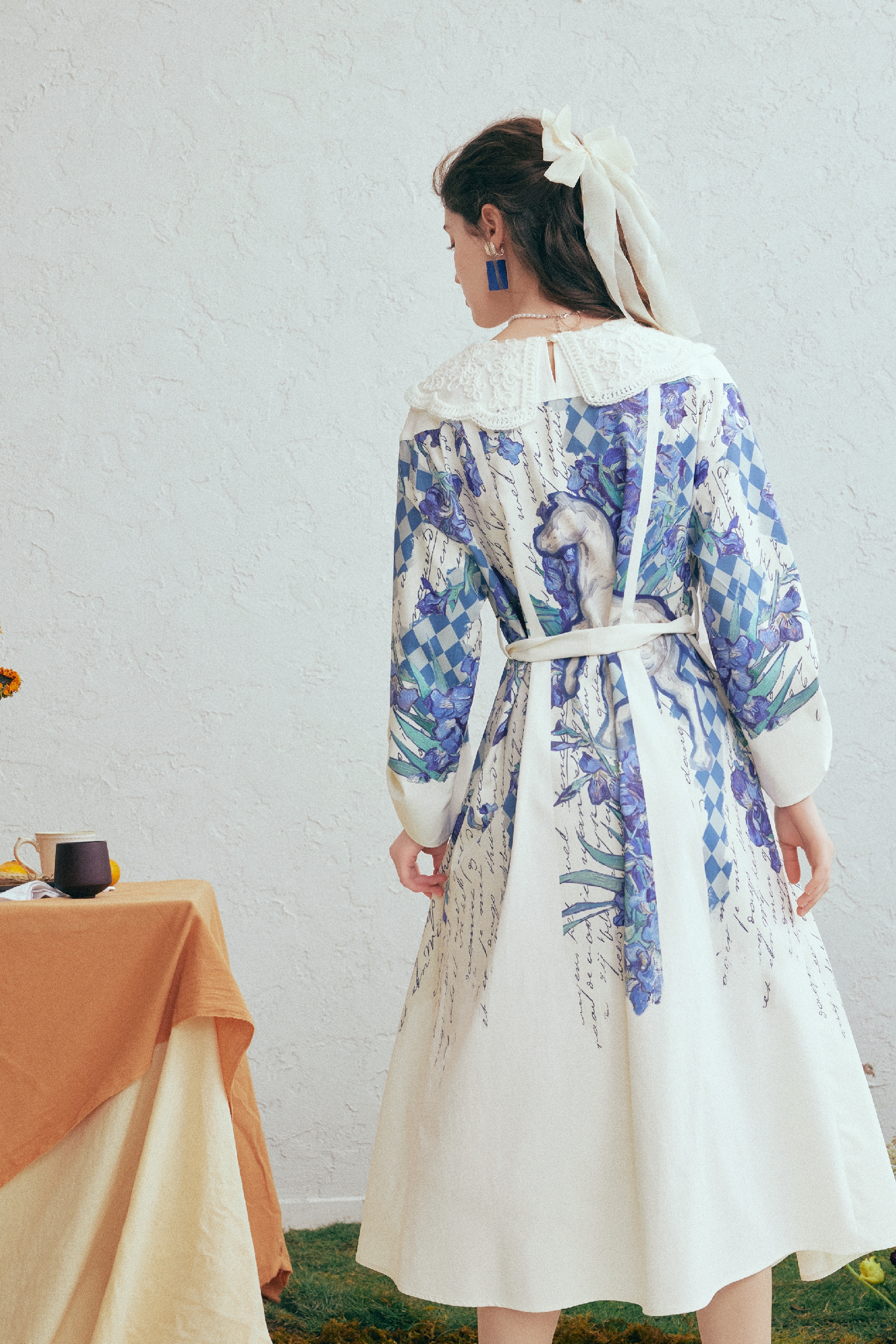 Lace Collar Printed Tie-Detail Dress-LYONSENS